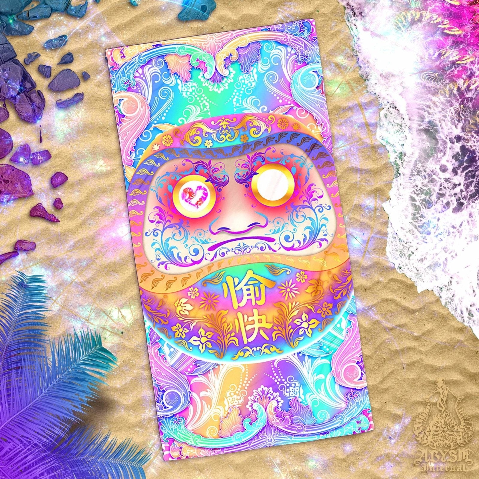 Daruma Beach Towel, Japanese Good Luck and Wish Charm - Psychedelic, Aestheti,c Pastel - Abysm Internal
