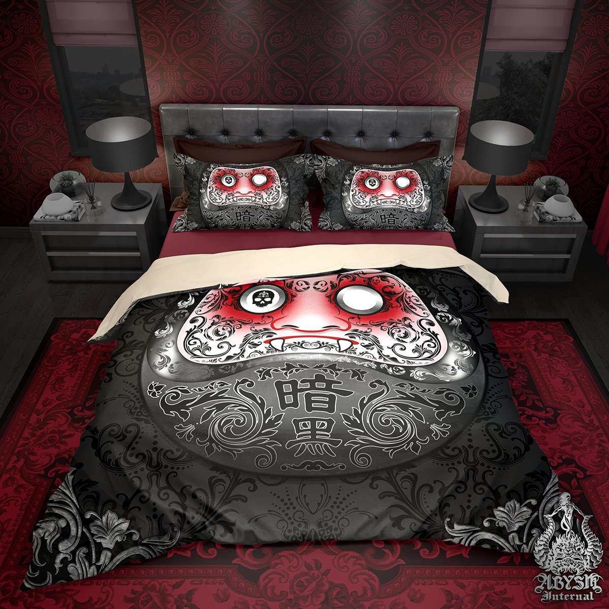 Daruma Bedding Set, Comforter and Duvet, Funny Gothic Bed Cover and Bedroom Decor, King, Queen and Twin Size - Japanese Art - Abysm Internal