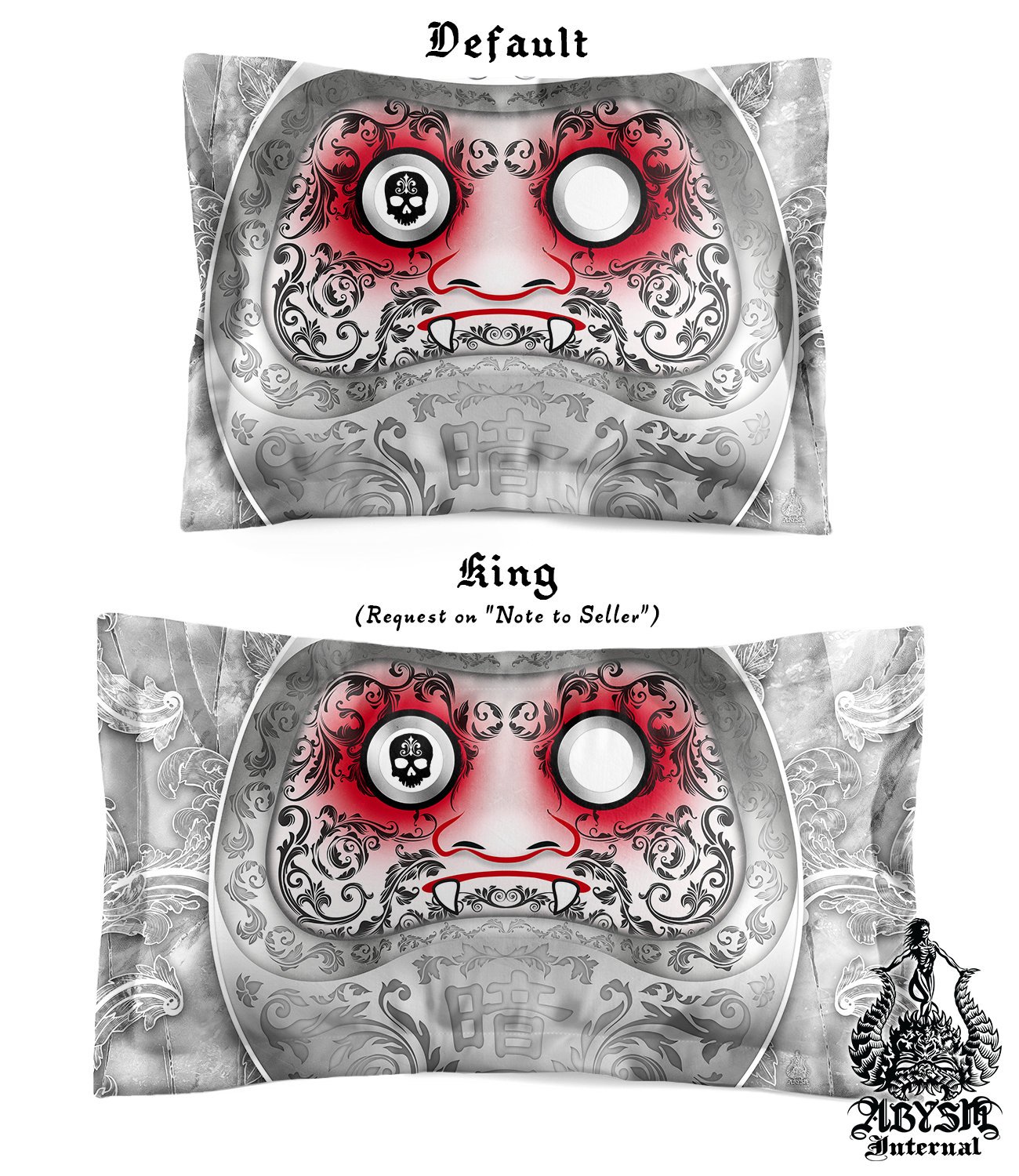 Daruma Bedding Set, Comforter and Duvet, Funny White Goth Bed Cover and Bedroom Decor, King, Queen and Twin Size - Japanese Art - Abysm Internal