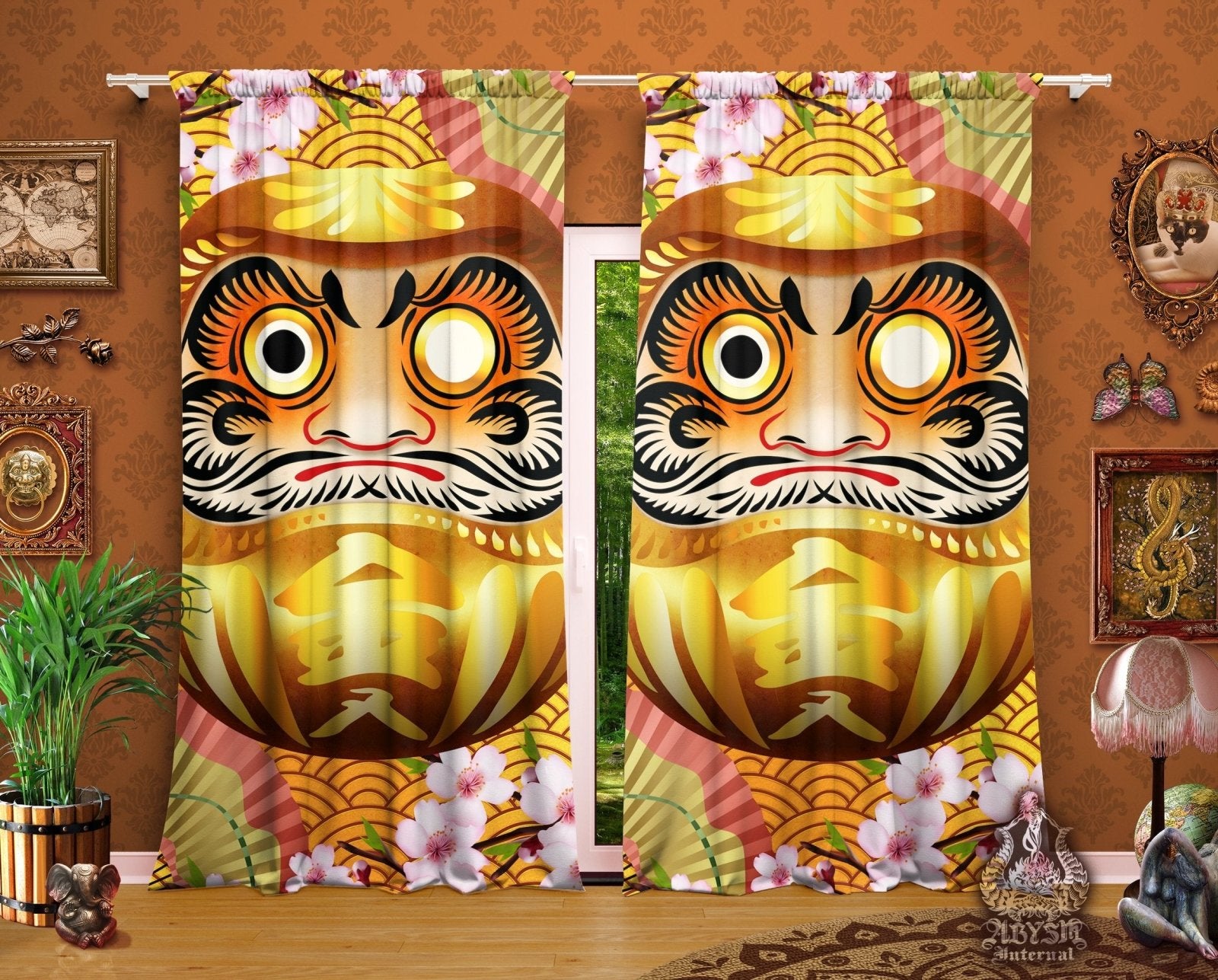 Daruma Blackout Curtains, Long Window Panels, Funny Anime and Game Room Decor, Art Print, Funky and Eclectic Home Decor - Gold - Abysm Internal