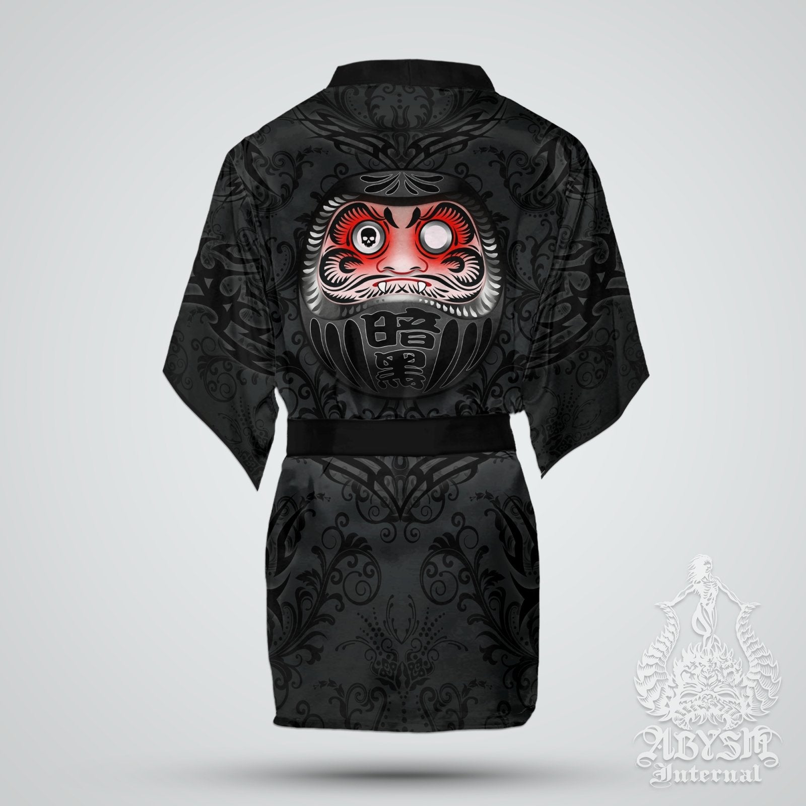 Daruma Cover Up, Beach Outfit, Party Kimono, Japanese Summer Festival Robe, Indie and Alternative Clothing, Unisex - Black - Abysm Internal