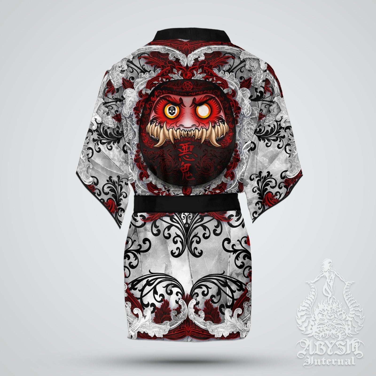Daruma Cover Up, Beach Outfit, Party Kimono, Japanese Summer Festival Robe, Indie and Alternative Clothing, Unisex - Bloody White Goth - Abysm Internal