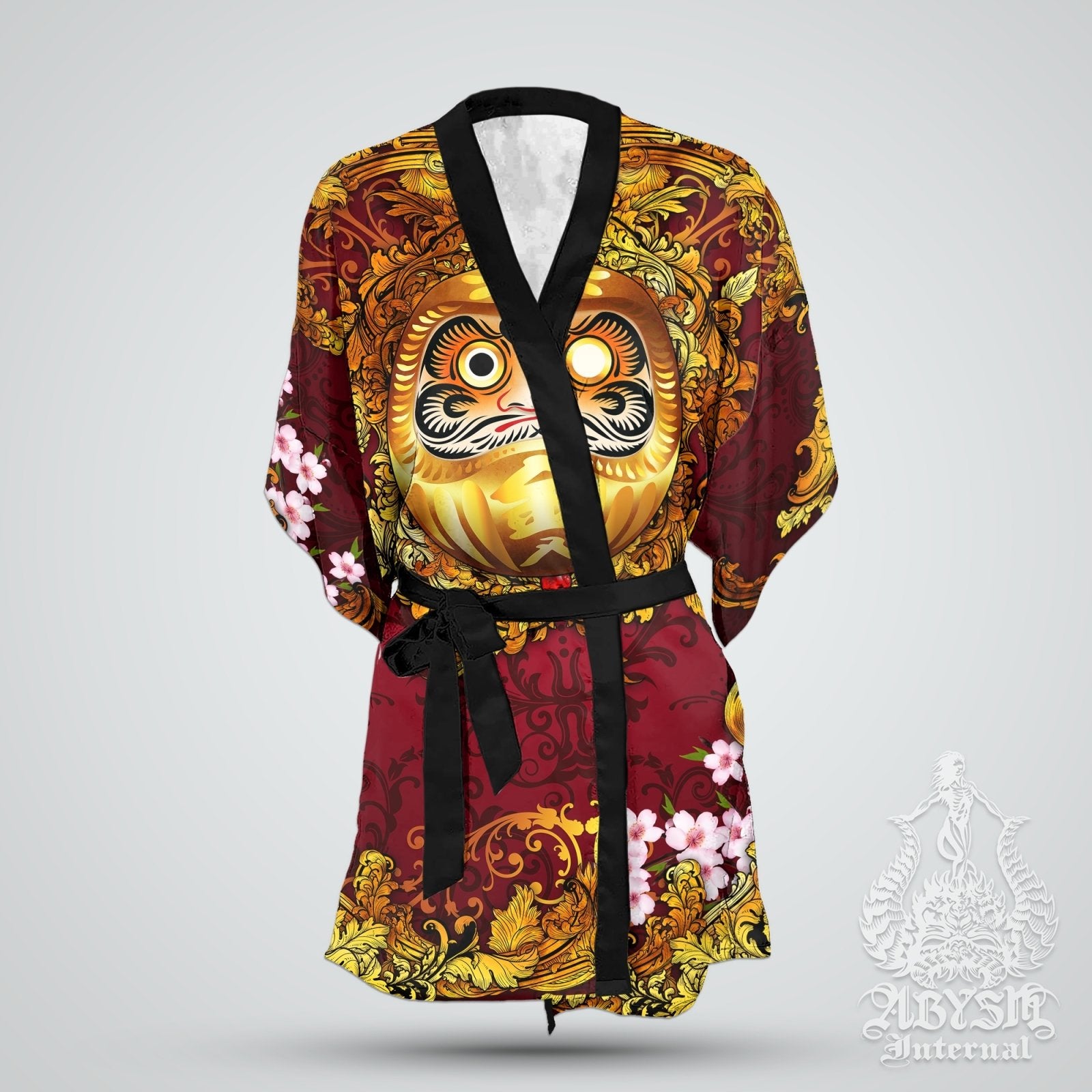 Daruma Cover Up, Beach Outfit, Party Kimono, Japanese Summer Festival Robe, Indie and Alternative Clothing, Unisex - Gold - Abysm Internal