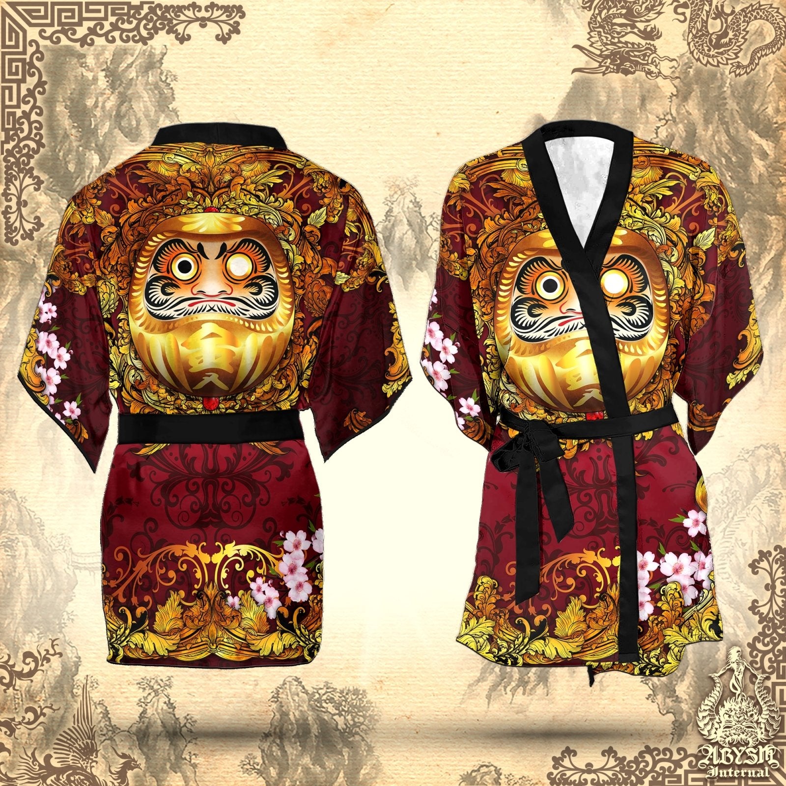 Daruma Cover Up, Beach Outfit, Party Kimono, Japanese Summer Festival Robe, Indie and Alternative Clothing, Unisex - Gold - Abysm Internal