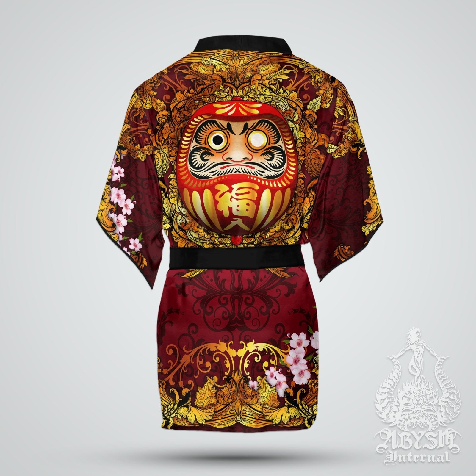 Daruma Cover Up, Beach Outfit, Party Kimono, Japanese Summer Festival Robe, Indie and Alternative Clothing, Unisex - Red - Abysm Internal