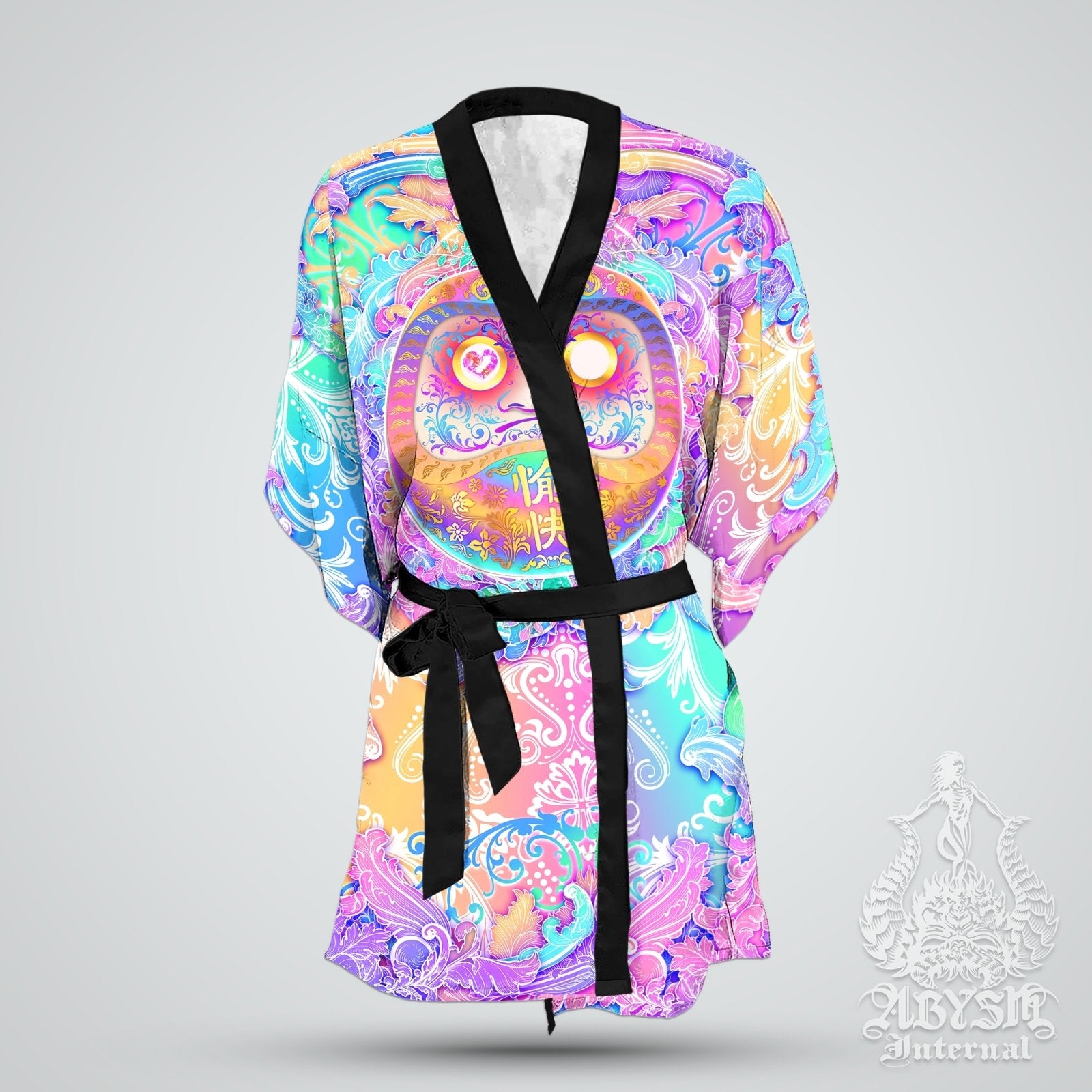 Daruma Cover Up, Beach Rave Outfit, Party Kimono, Japanese Summer Festival Robe, Aesthetic Indie and Alternative Clothing, Unisex - Holographic Pastel - Abysm Internal