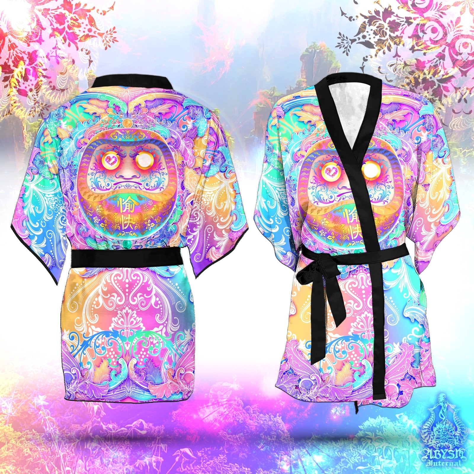 Daruma Cover Up, Beach Rave Outfit, Party Kimono, Japanese Summer Festival Robe, Aesthetic Indie and Alternative Clothing, Unisex - Holographic Pastel - Abysm Internal