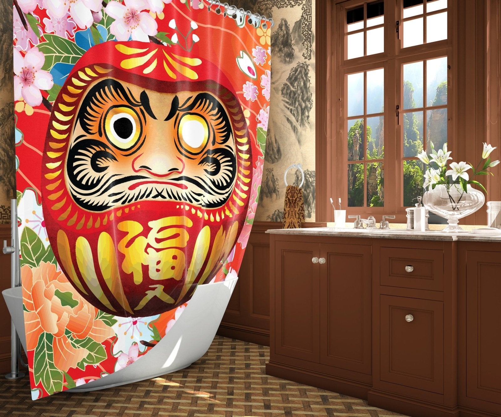 Daruma Shower Curtain, Japanese Bathroom Decor, Anime, Funny Decor, Eclectic and Funky Home - Red - Abysm Internal