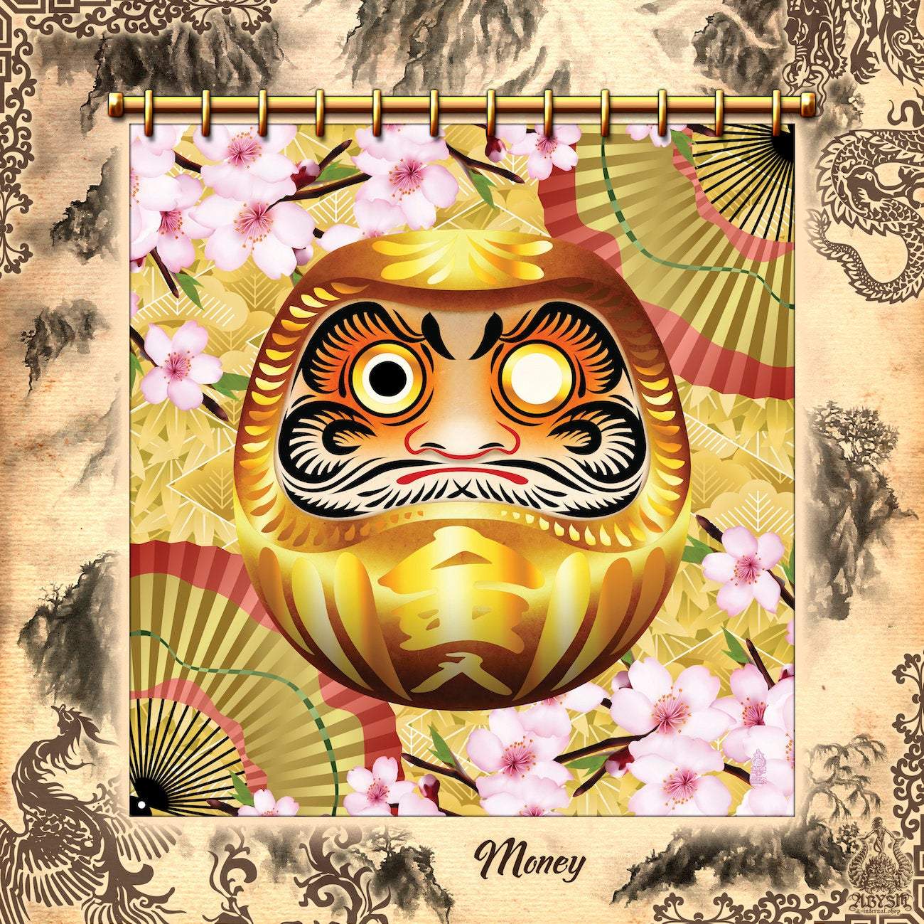 Daruma Shower Curtain, Japanese Bathroom Decor, Eclectic and Funky Home - Gold - Abysm Internal