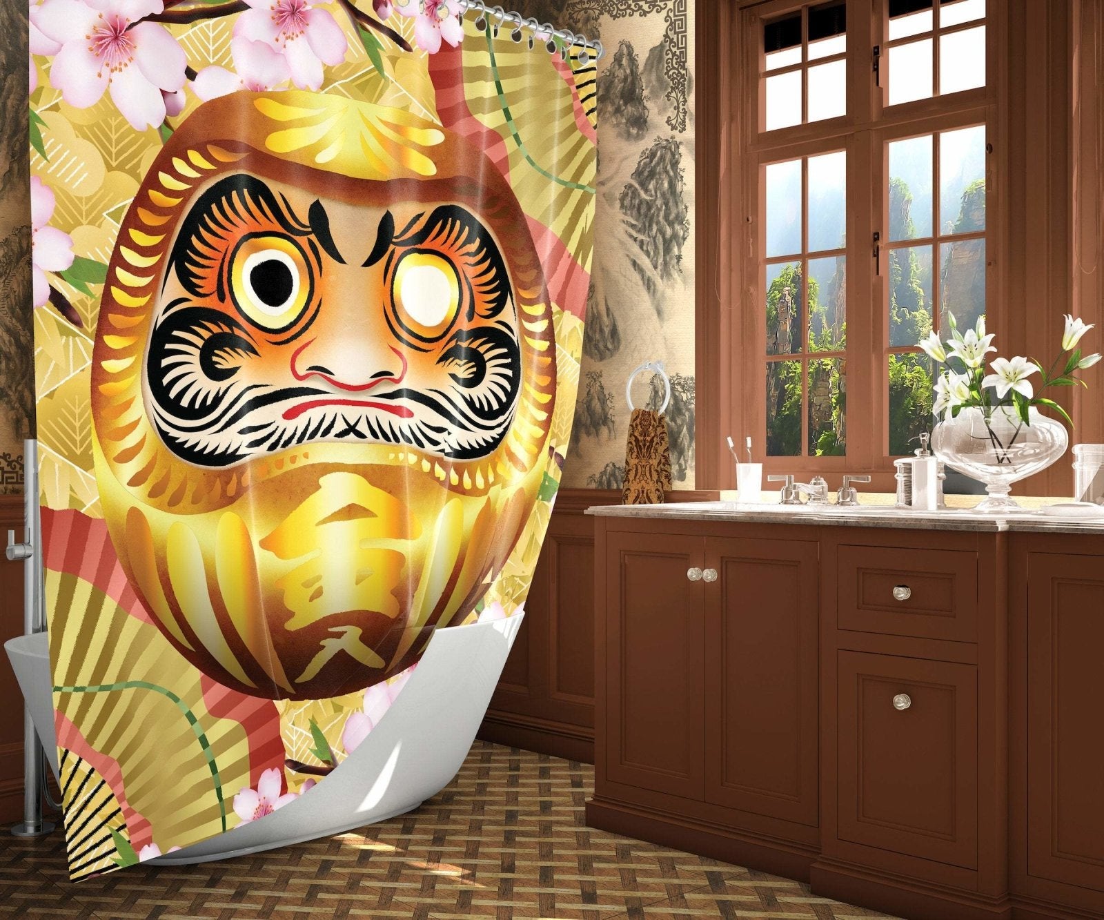 Daruma Shower Curtain, Japanese Bathroom Decor, Eclectic and Funky Home - Gold - Abysm Internal