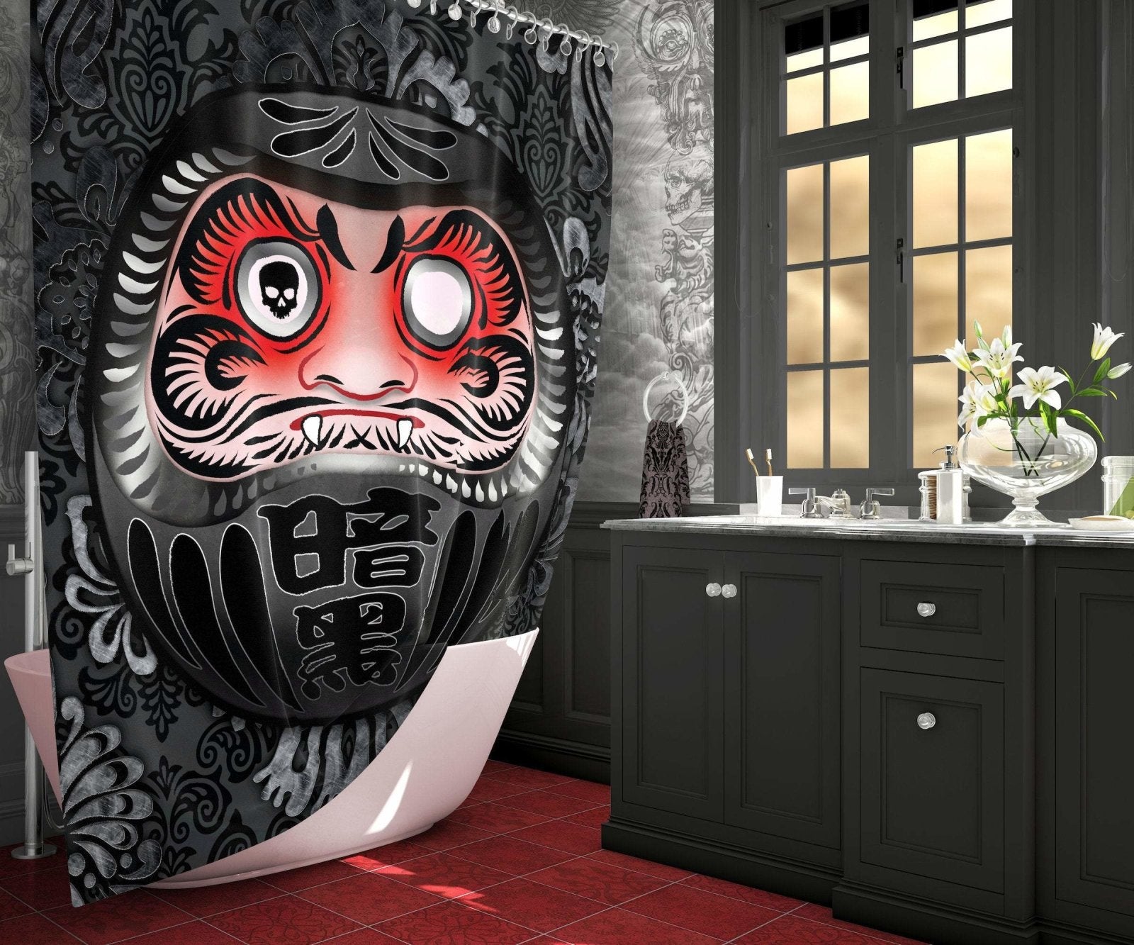 Daruma Shower Curtain, Japanese, Gothic Bathroom Decor, Anime, Funny Decor - Black, Goth - Abysm Internal