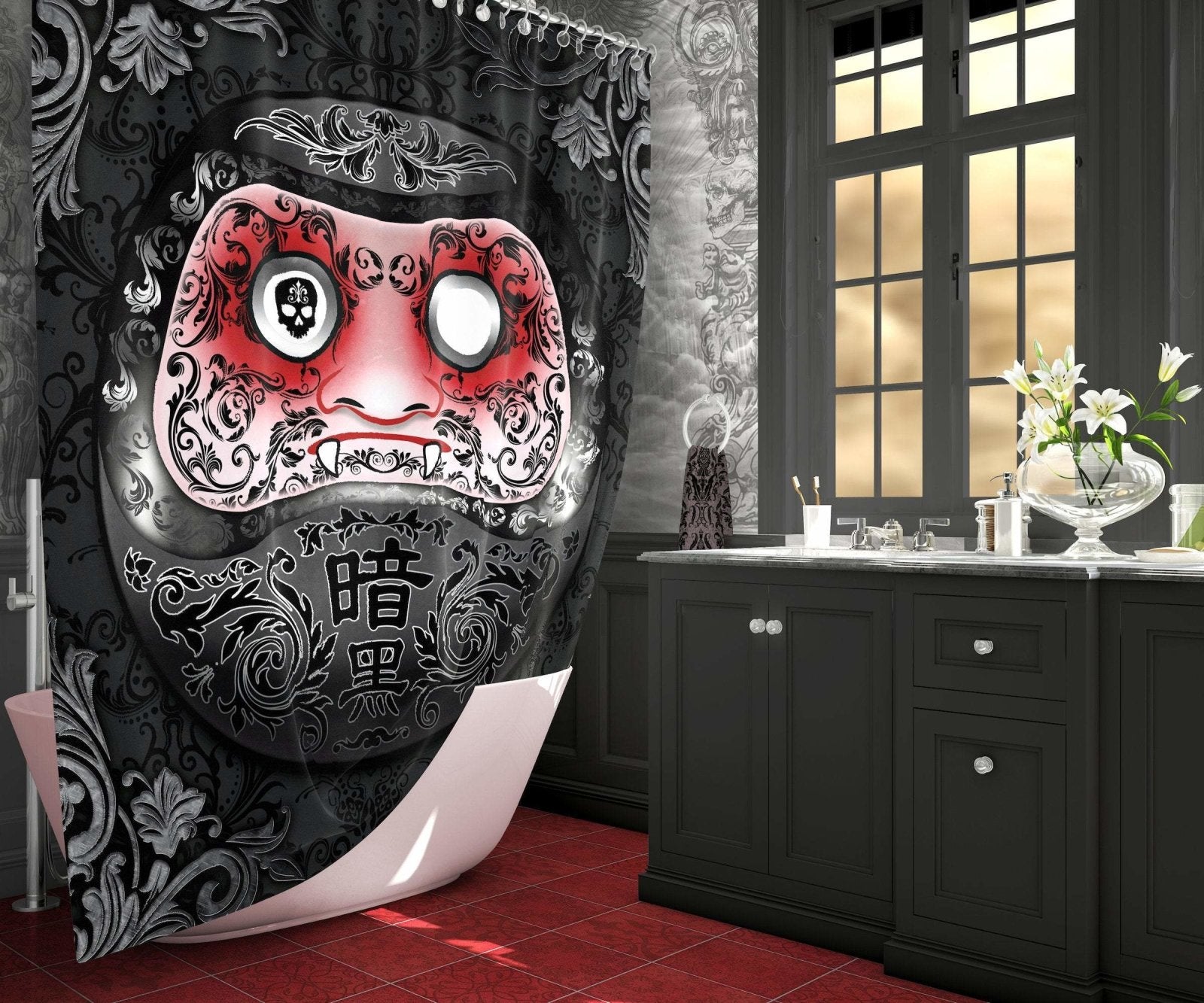 Daruma Shower Curtain, Japanese, Gothic Bathroom Decor, Anime, Funny Decor - Gothic - Abysm Internal