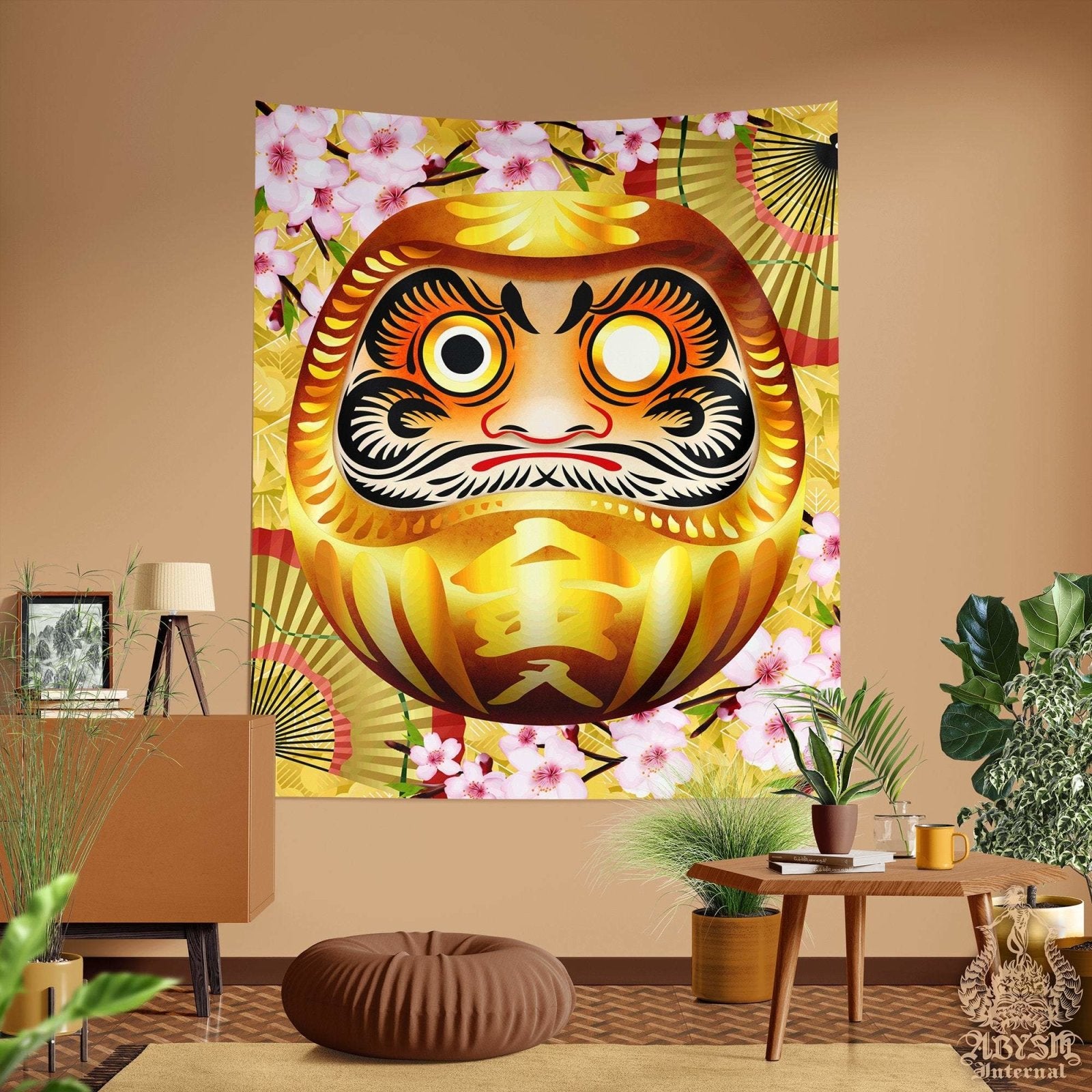 Daruma Tapestry, Anime and Gamer Wall Hanging, Japanese Home Decor, Art Print, Eclectic and Funky - Gold - Abysm Internal