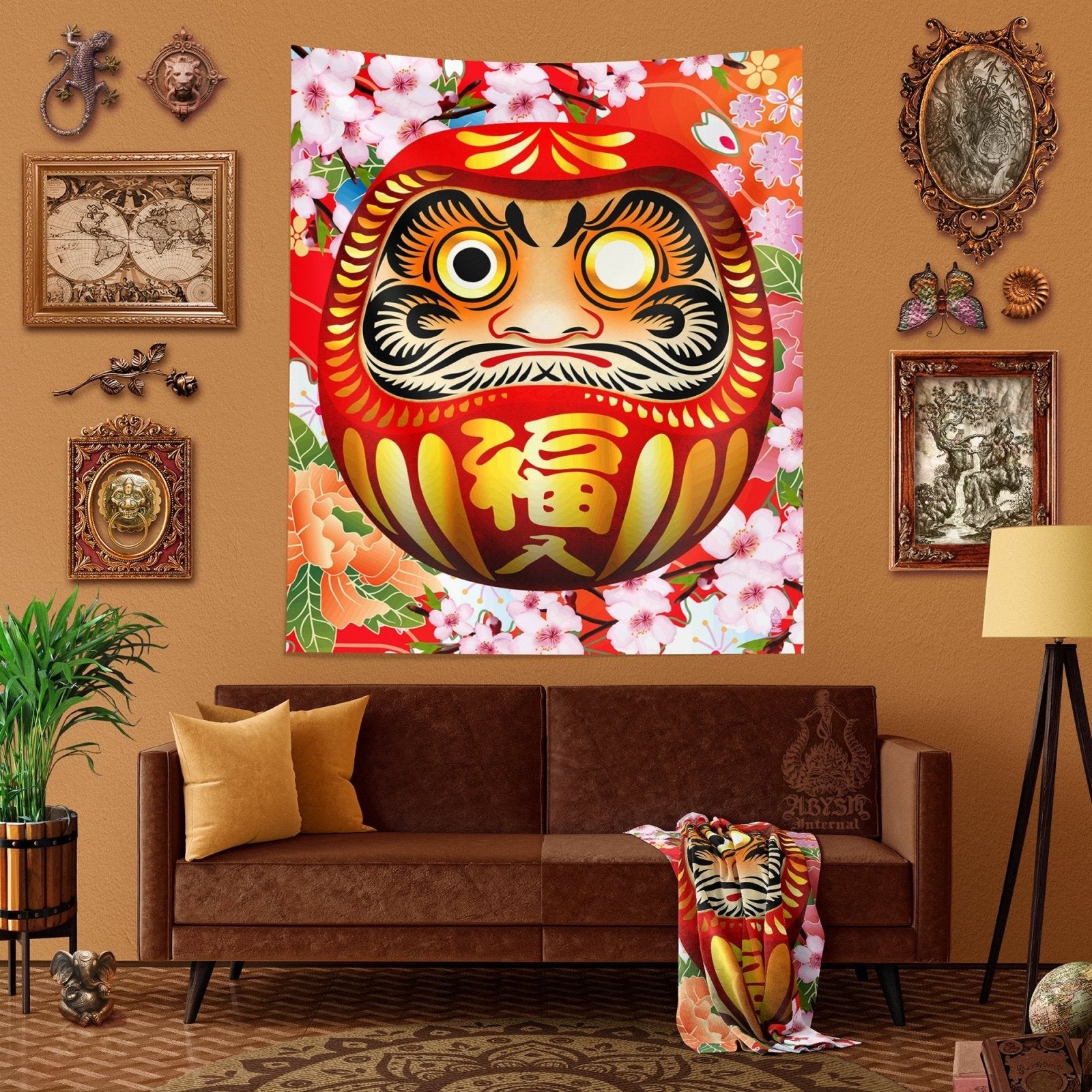 Daruma Tapestry, Anime and Gamer Wall Hanging, Japanese Home Decor, Art Print, Eclectic and Funky - Red - Abysm Internal