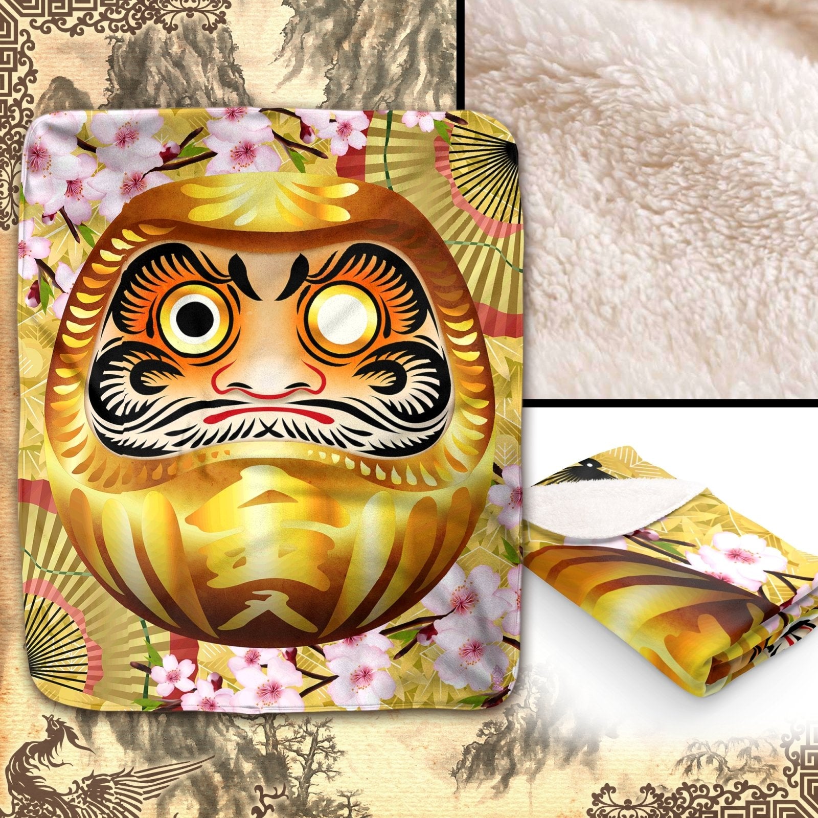 Daruma Throw Fleece Blanket, Japanese Anime and Manga, Indie and Ecclectic Decor, Eclectic and Funky Gift - Gold - Abysm Internal