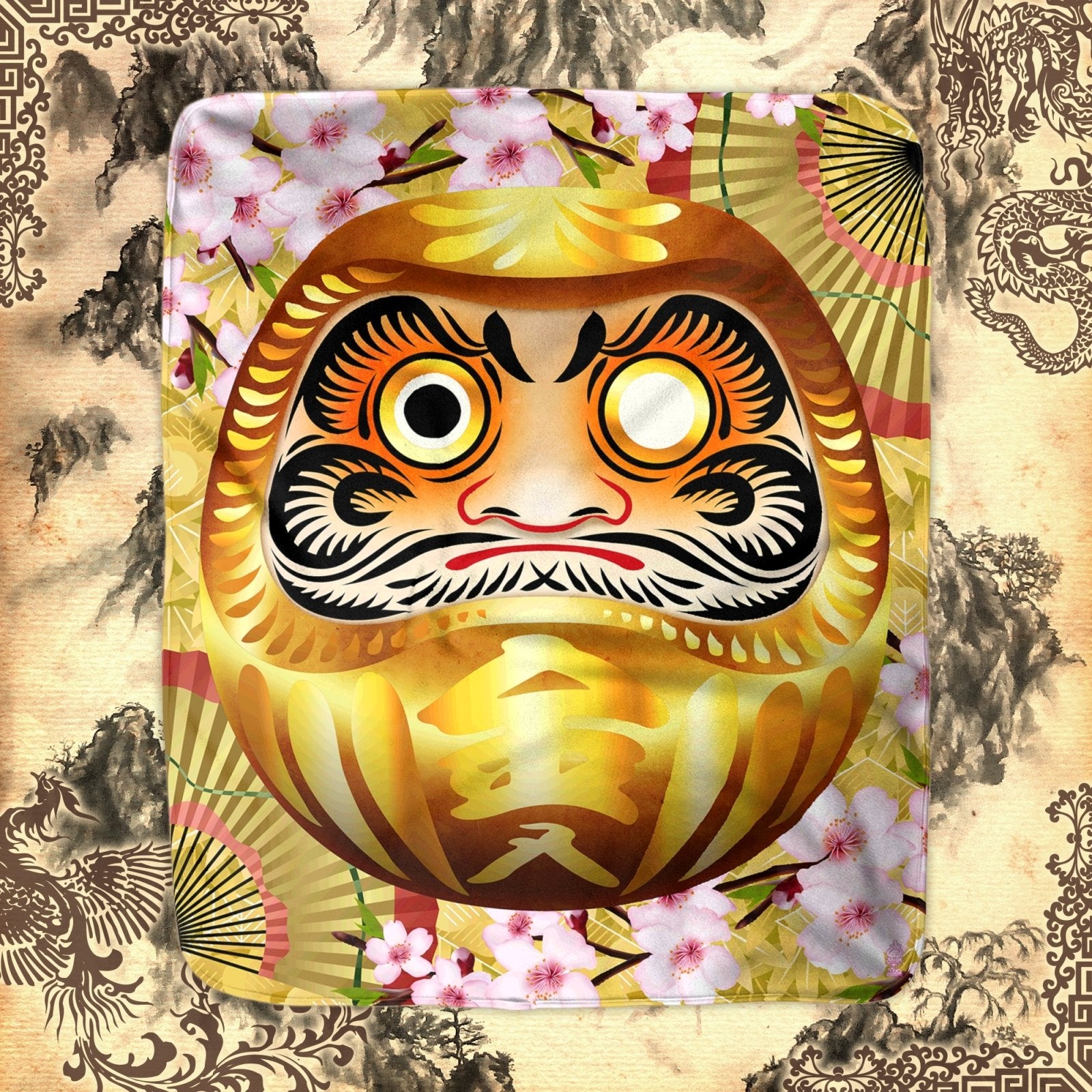 Daruma Throw Fleece Blanket, Japanese Anime and Manga, Indie and Ecclectic Decor, Eclectic and Funky Gift - Gold - Abysm Internal