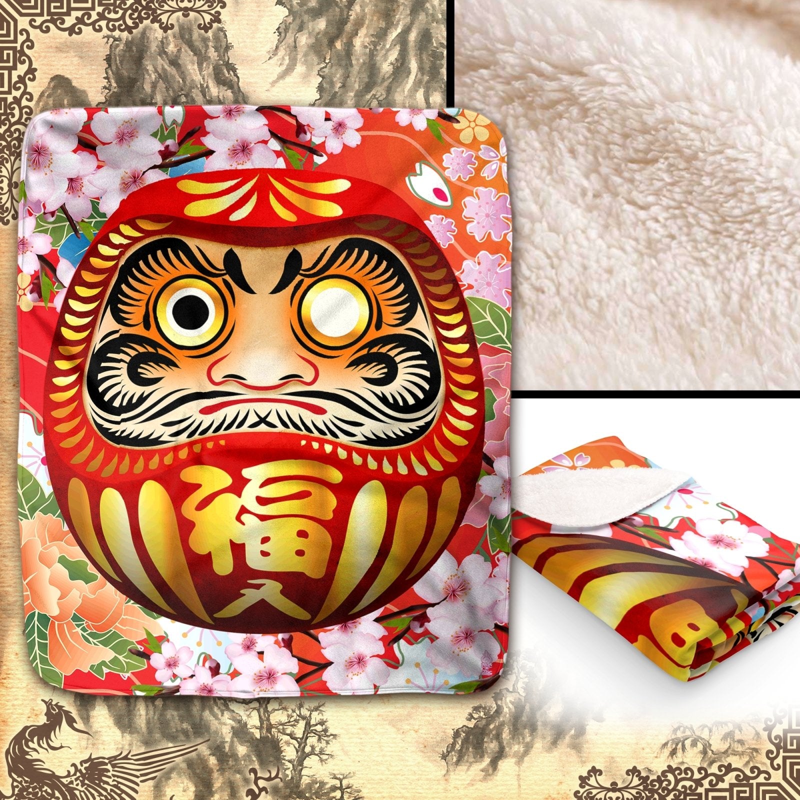 Daruma Throw Fleece Blanket, Japanese Anime and Manga, Indie and Ecclectic Decor, Eclectic and Funky Gift - Red - Abysm Internal