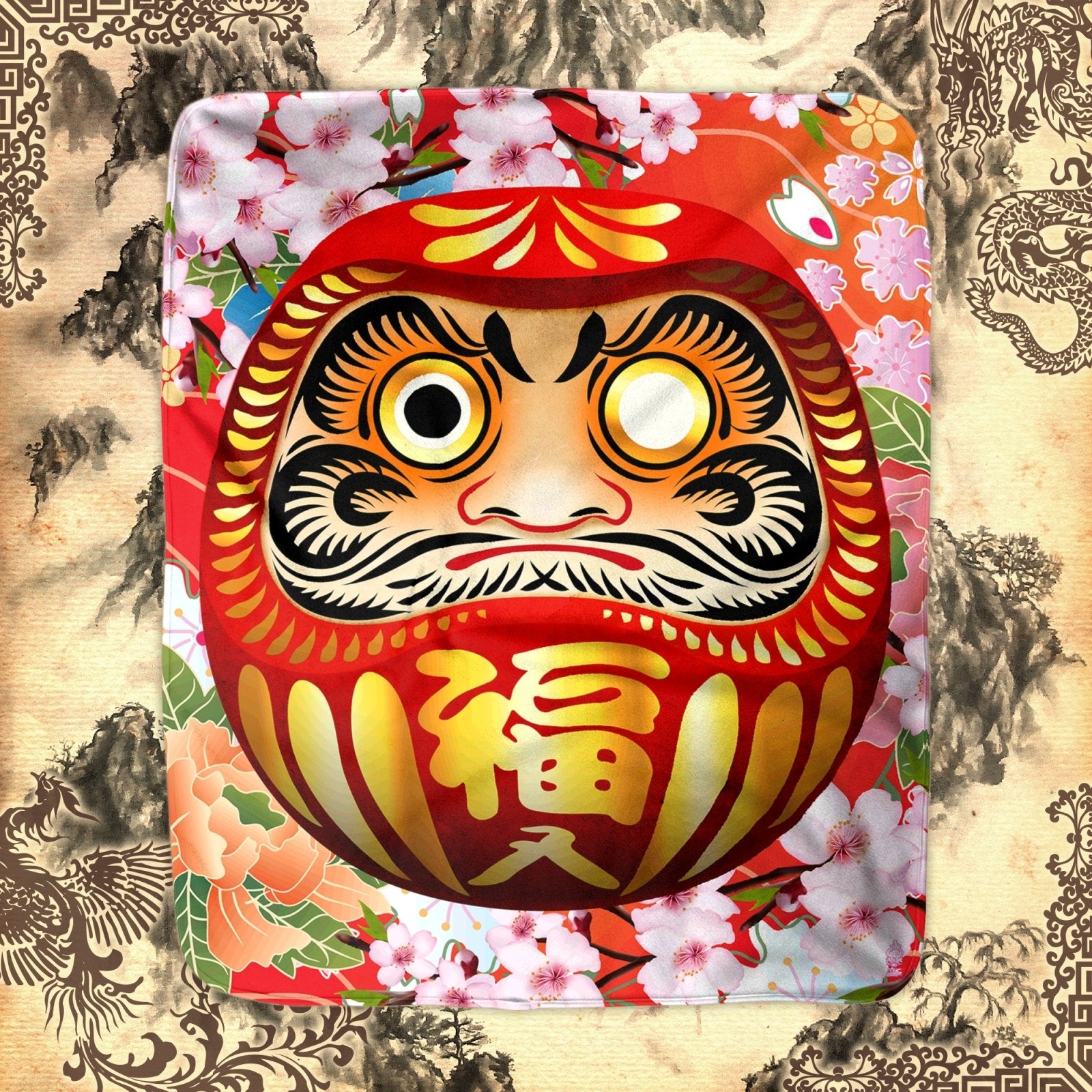 Daruma Throw Fleece Blanket, Japanese Anime and Manga, Indie and Ecclectic Decor, Eclectic and Funky Gift - Red - Abysm Internal