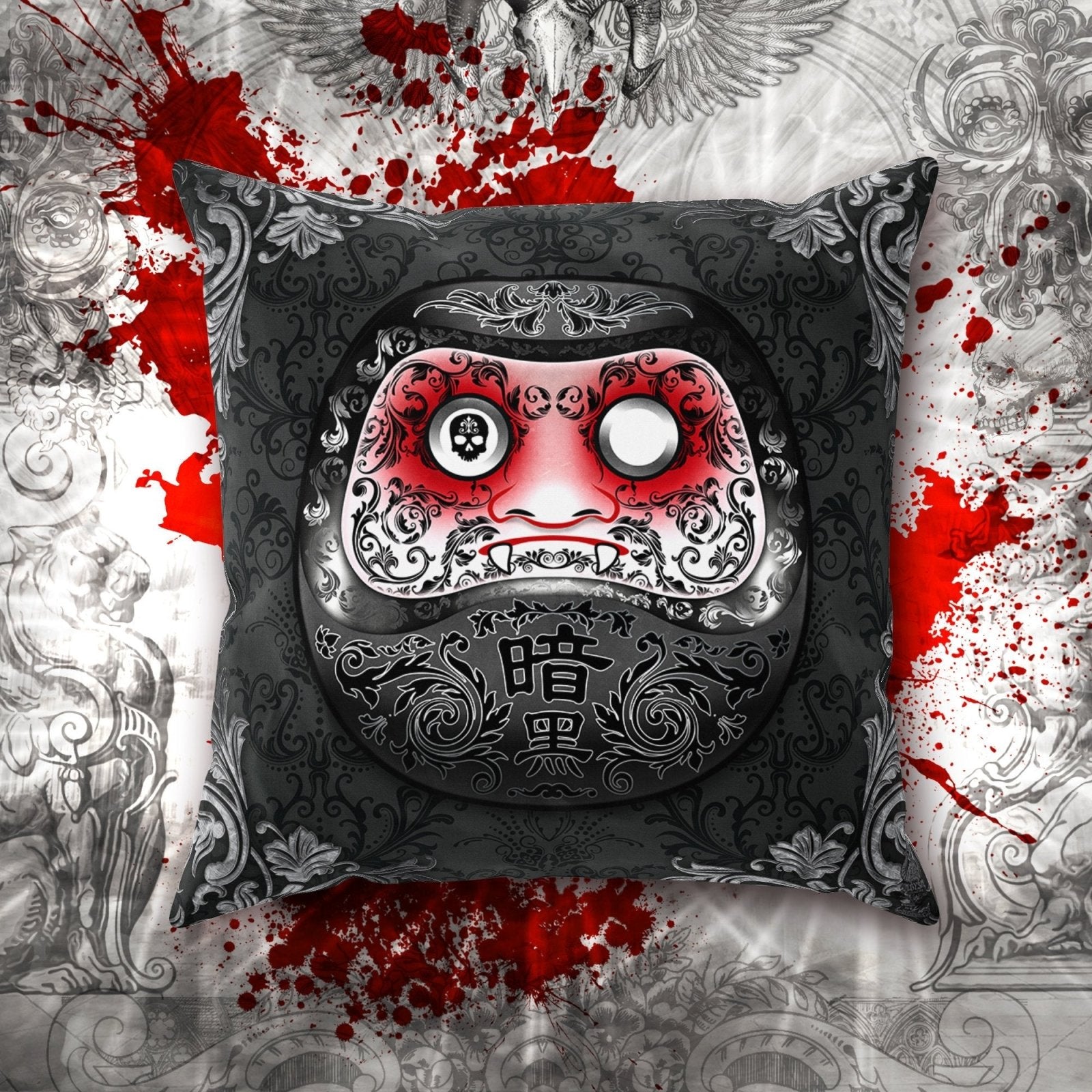 Daruma Throw Pillow, Decorative Accent Cushion, Funny Eclectic Japanese Room Decor, Alternative Home - Gothic, Vampire - Abysm Internal