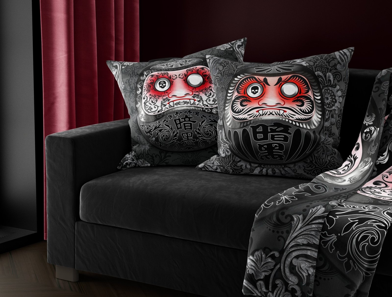 Daruma Throw Pillow, Decorative Accent Cushion, Funny Eclectic Japanese Room Decor, Alternative Home - Gothic, Vampire - Abysm Internal