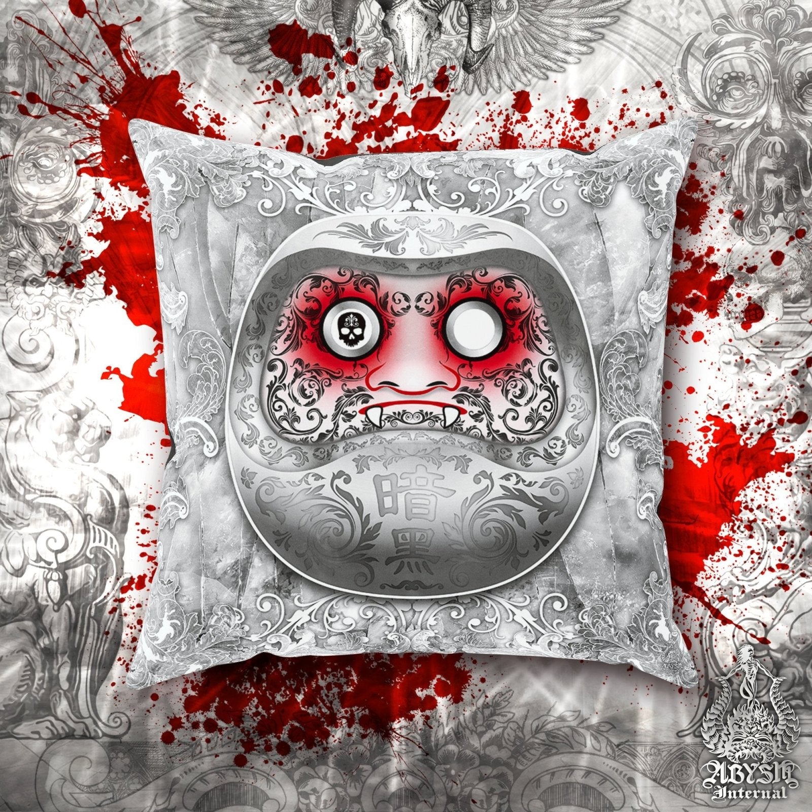 Daruma Throw Pillow, Decorative Accent Cushion, Japanese Anime and Gamer Room Decor, Alternative Home - White Goth - Abysm Internal