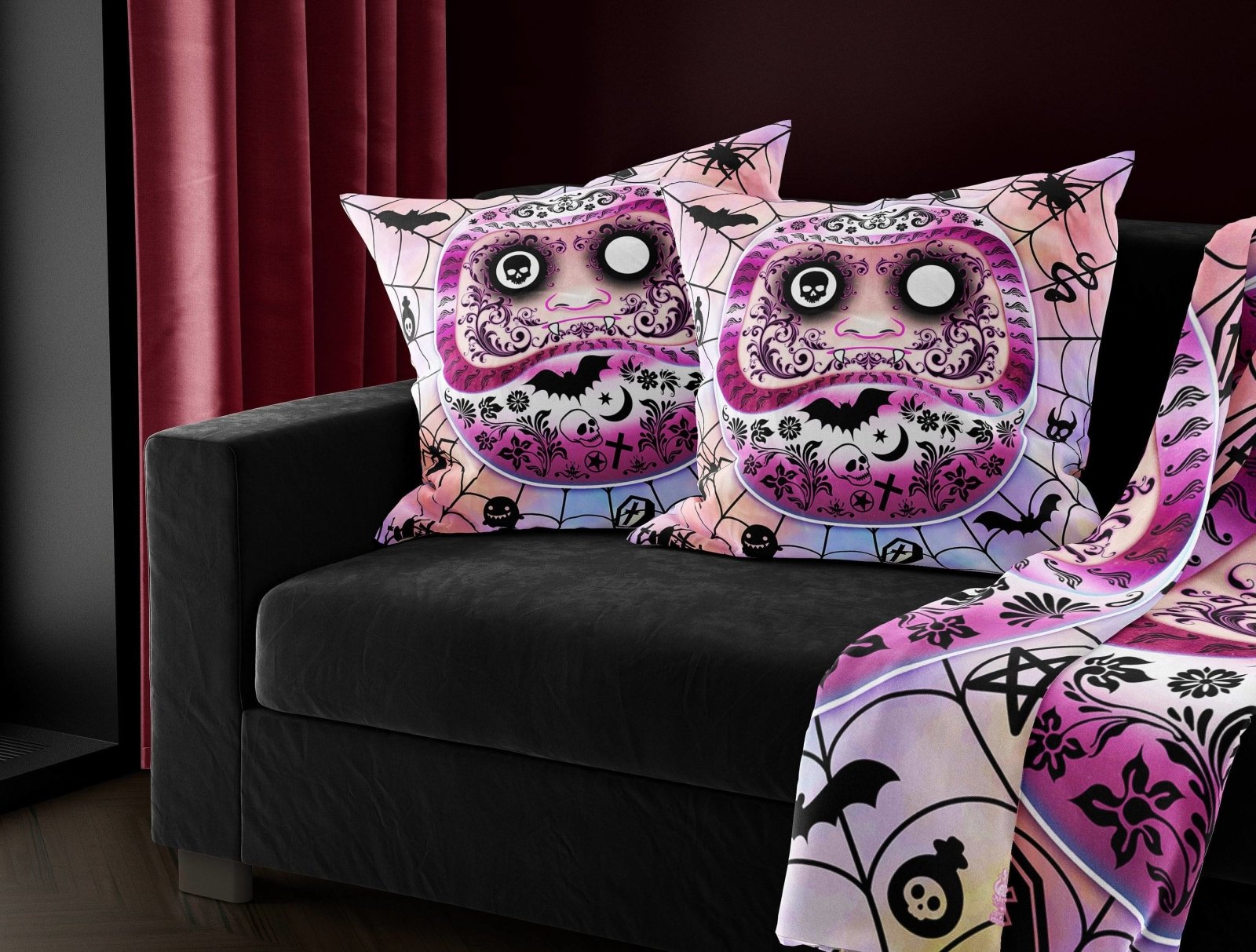 Daruma Throw Pillow, Decorative Accent Cushion, Japanese Anime and Gamer Room Decor - Pastel Goth - Abysm Internal