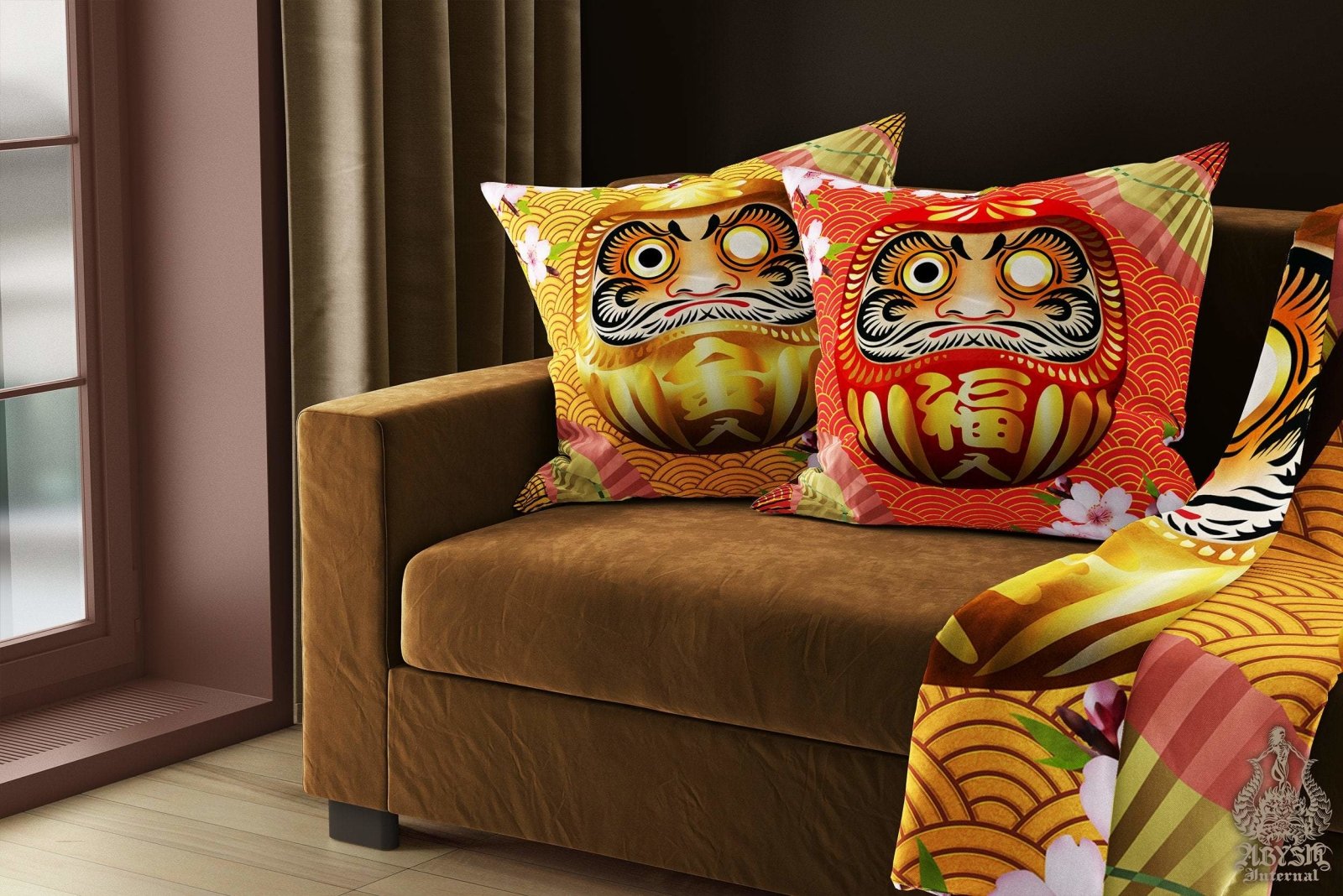 Daruma Throw Pillow, Decorative Accent Cushion, Japanese Art, Funky and Eclectic Home - Gold - Abysm Internal