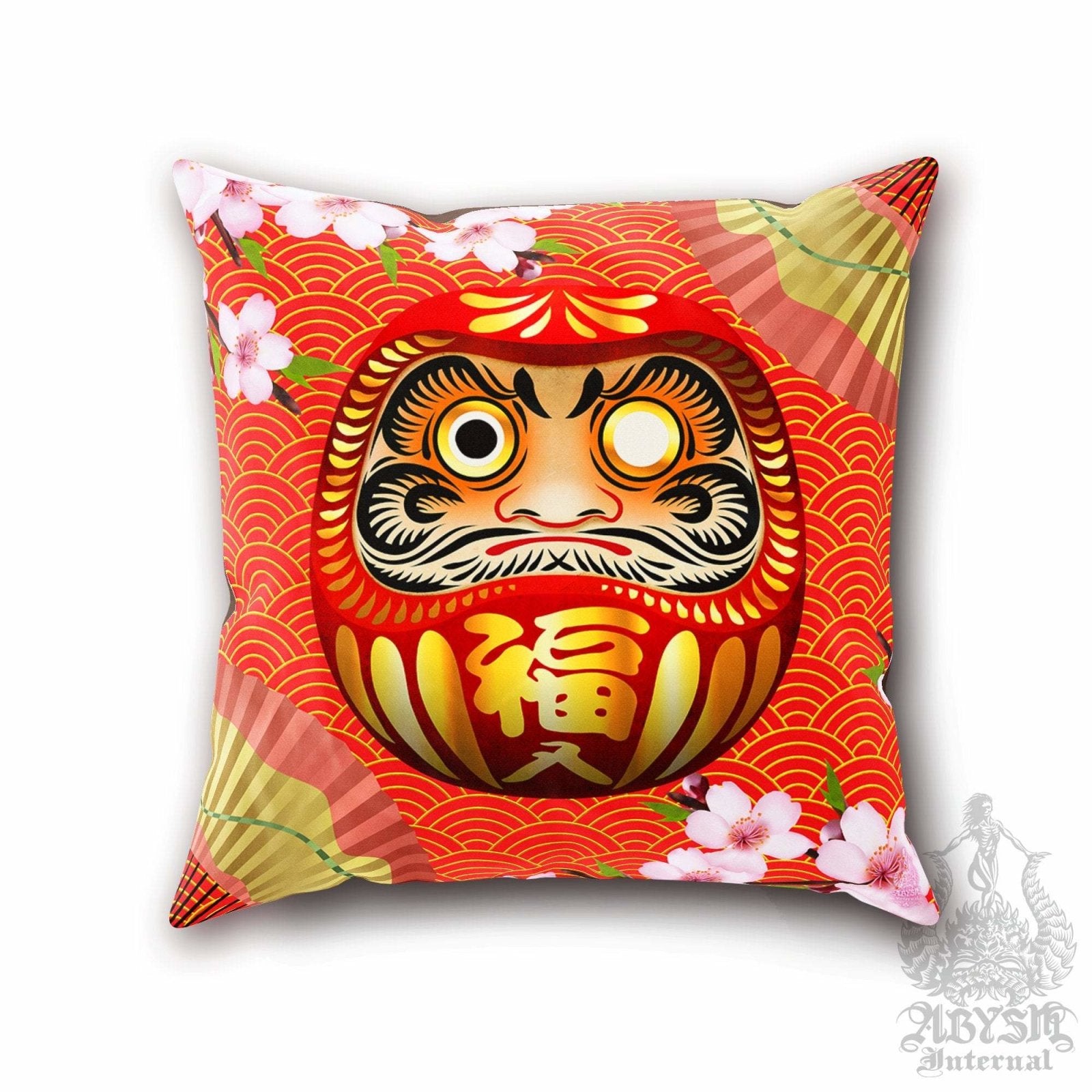 Daruma Throw Pillow, Decorative Accent Cushion, Japanese Room Decor, Funky and Eclectic Home - Red - Abysm Internal