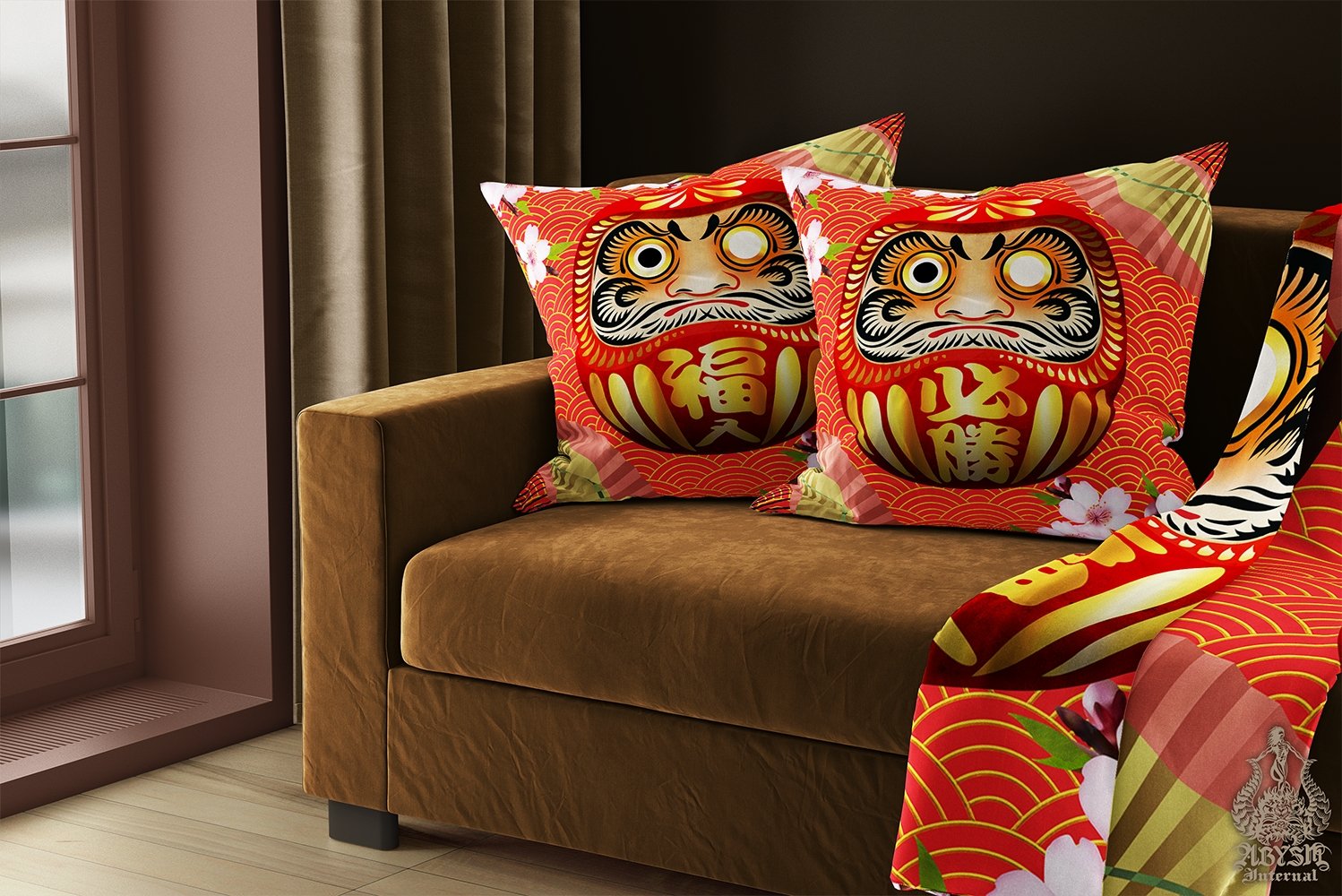 Daruma Throw Pillow, Decorative Accent Cushion, Japanese Room Decor, Funky and Eclectic Home - Red - Abysm Internal
