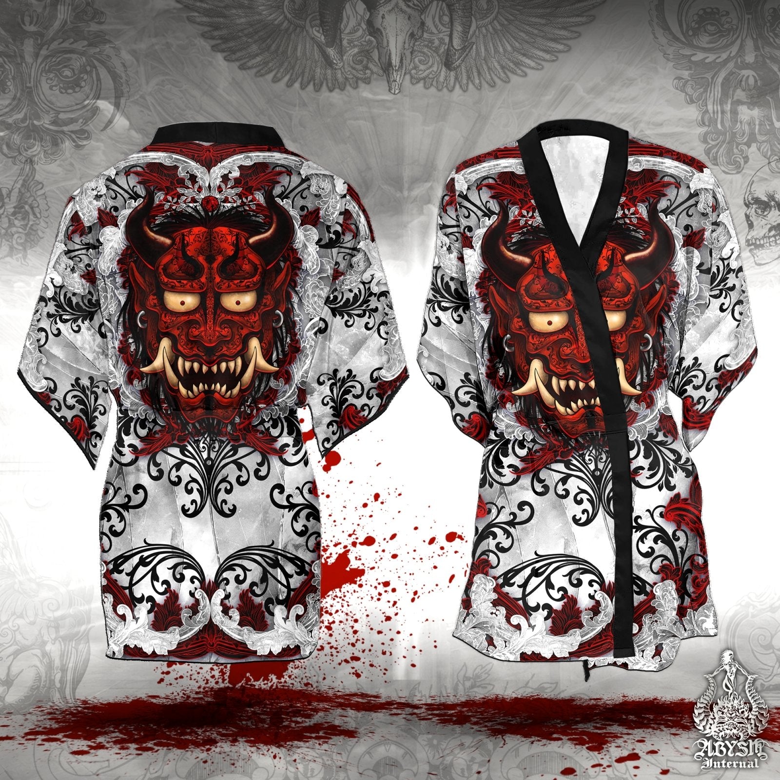 Demon Cover Up, Beach Outfit, Oni Party Kimono, Japanese Summer Festival Robe, Indie and Alternative Clothing, Unisex - Bloody White Goth - Abysm Internal