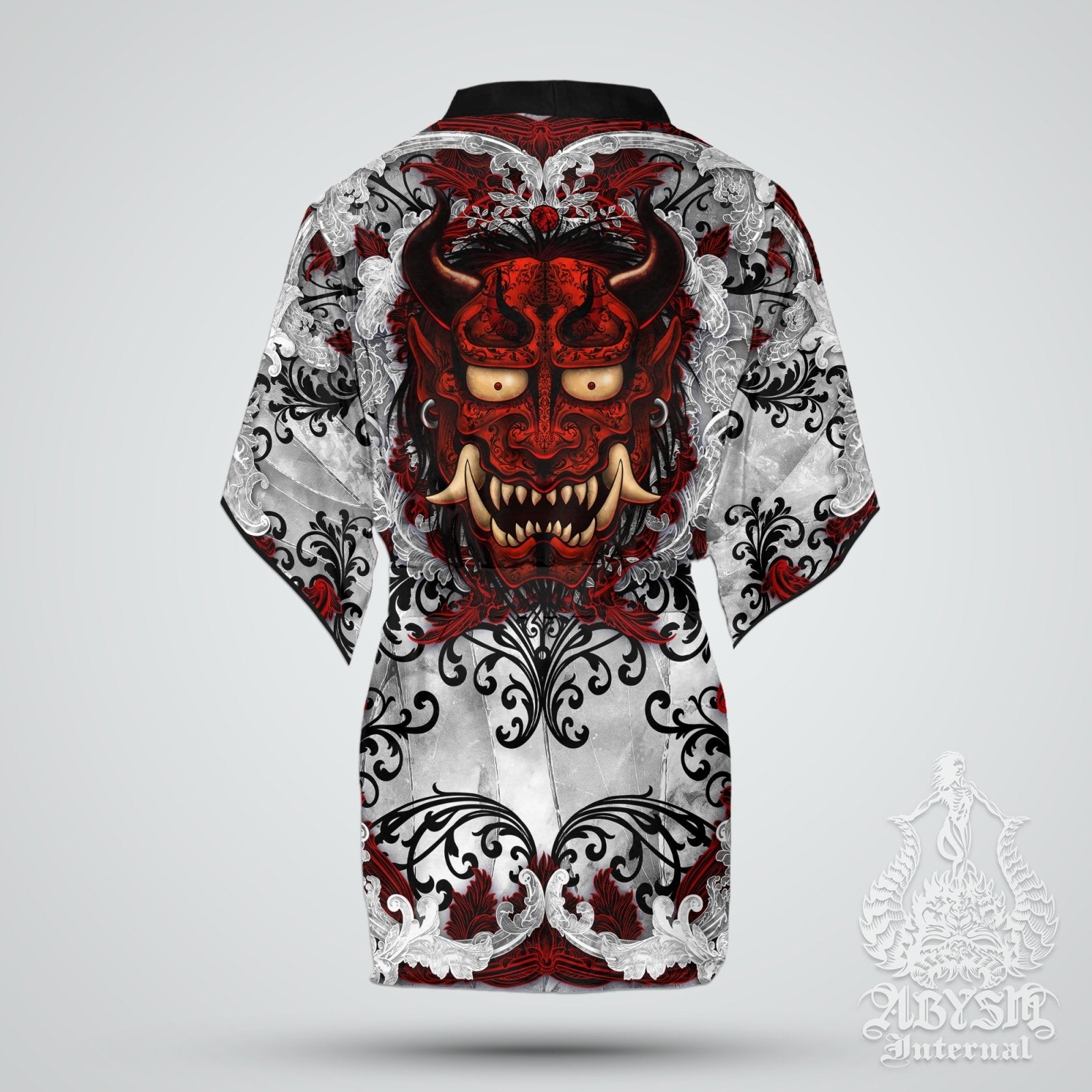 Demon Cover Up, Beach Outfit, Oni Party Kimono, Japanese Summer Festival Robe, Indie and Alternative Clothing, Unisex - Bloody White Goth - Abysm Internal