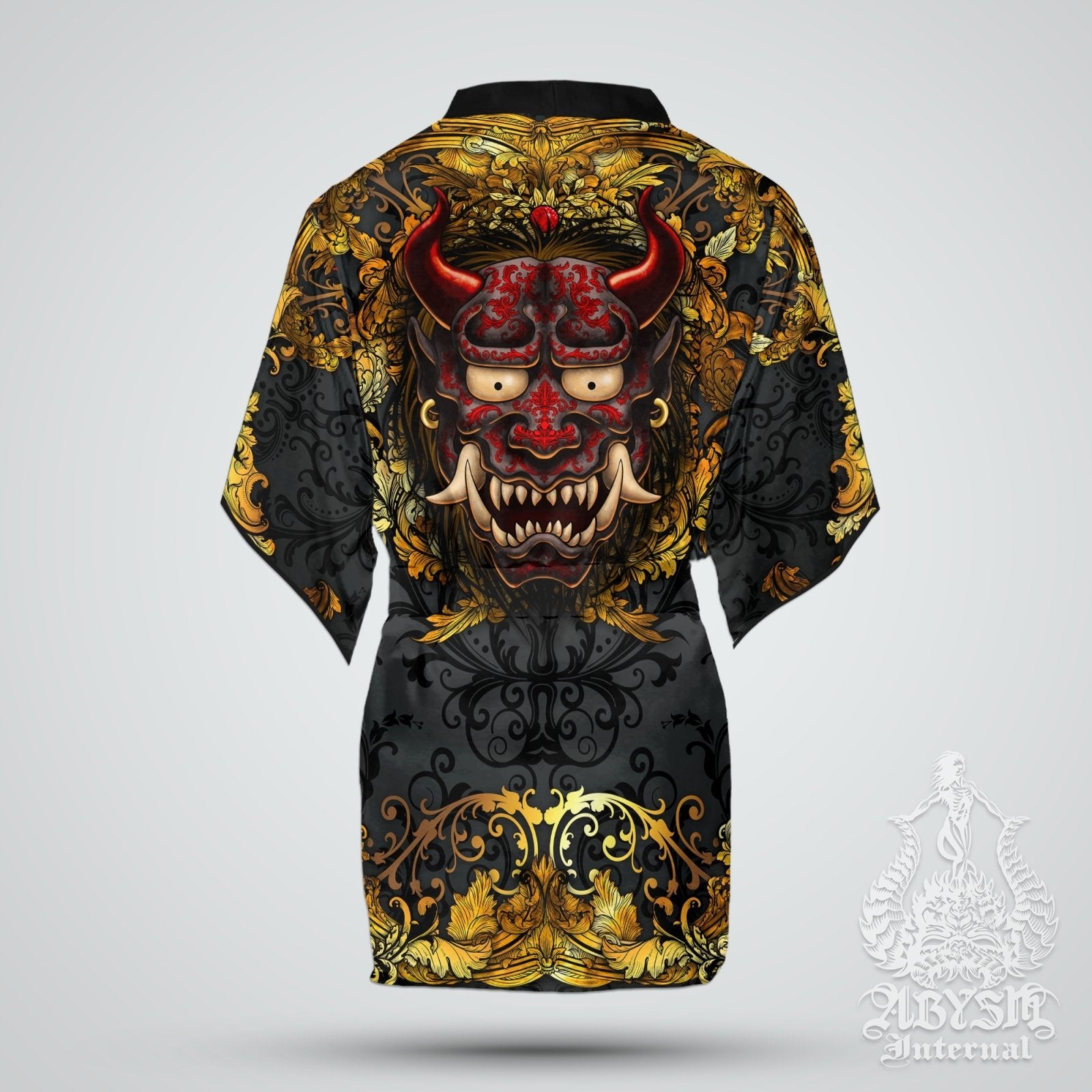 Demon Cover Up, Beach Outfit, Oni Party Kimono, Japanese Summer Festival Robe, Indie and Alternative Clothing, Unisex - Gold Black - Abysm Internal