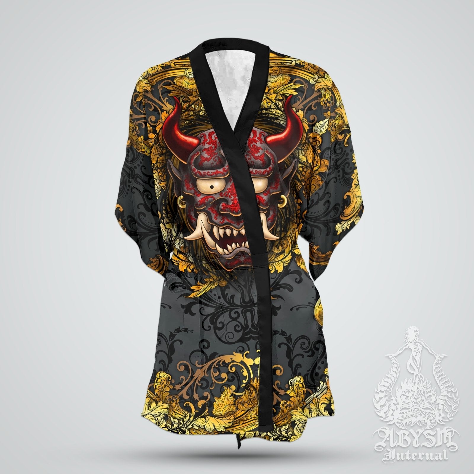 Demon Cover Up, Beach Outfit, Oni Party Kimono, Japanese Summer Festival Robe, Indie and Alternative Clothing, Unisex - Gold Black - Abysm Internal