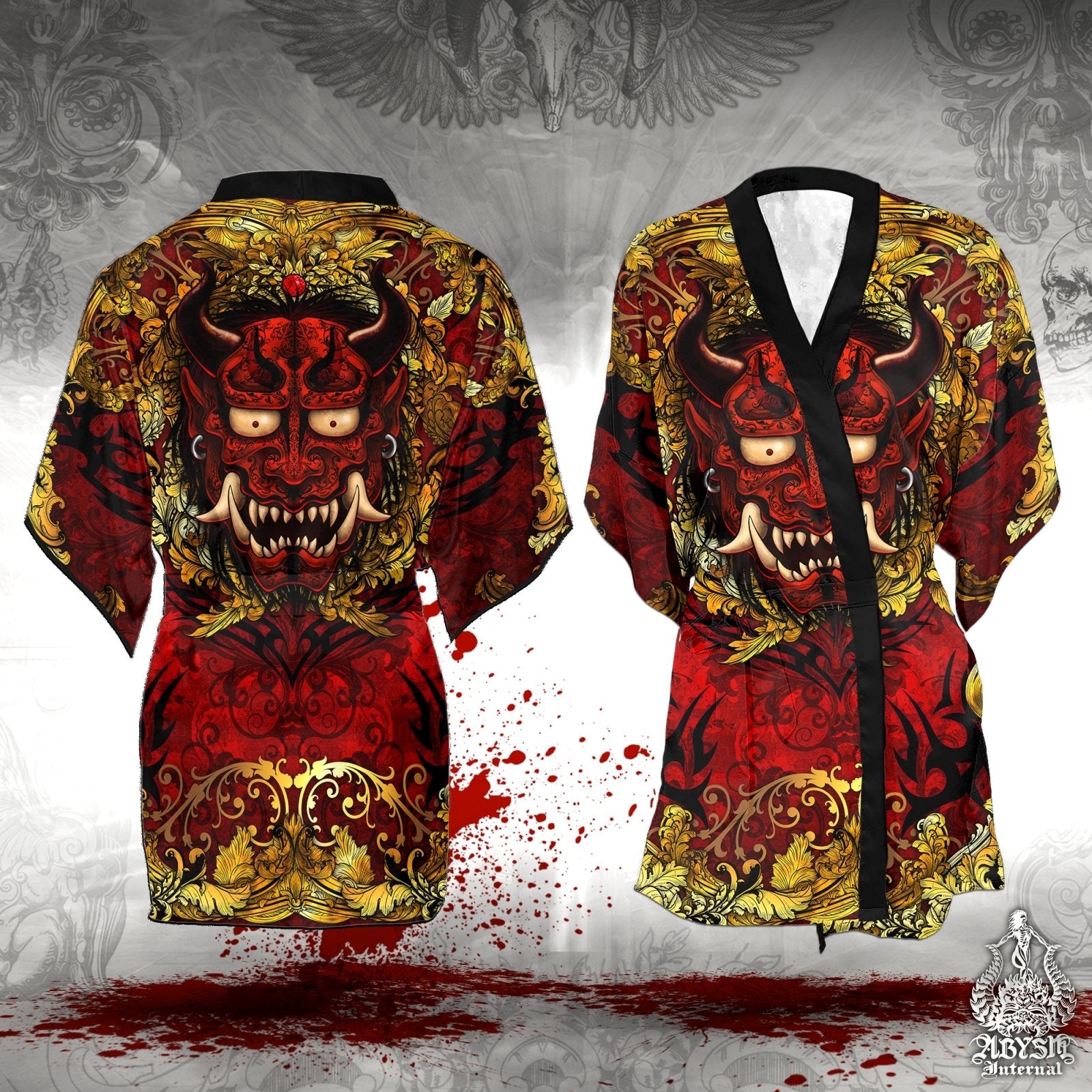 Demon Cover Up, Beach Outfit, Oni Party Kimono, Japanese Summer Festival Robe, Indie and Alternative Clothing, Unisex - Gold Red - Abysm Internal