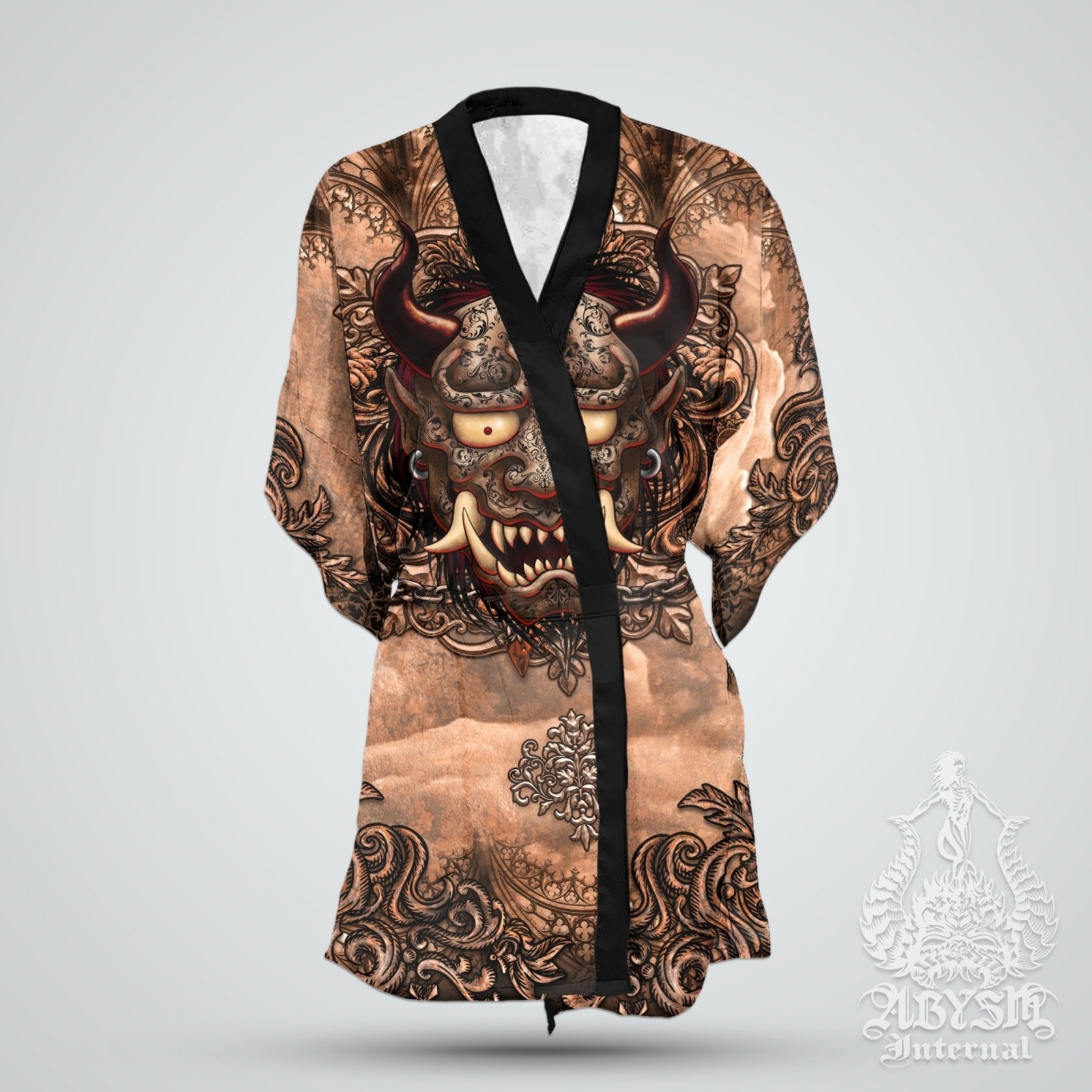 Demon Cover Up, Beach Outfit, Oni Party Kimono, Japanese Summer Festival Robe, Indie and Alternative Clothing, Unisex - Gothic Beige - Abysm Internal