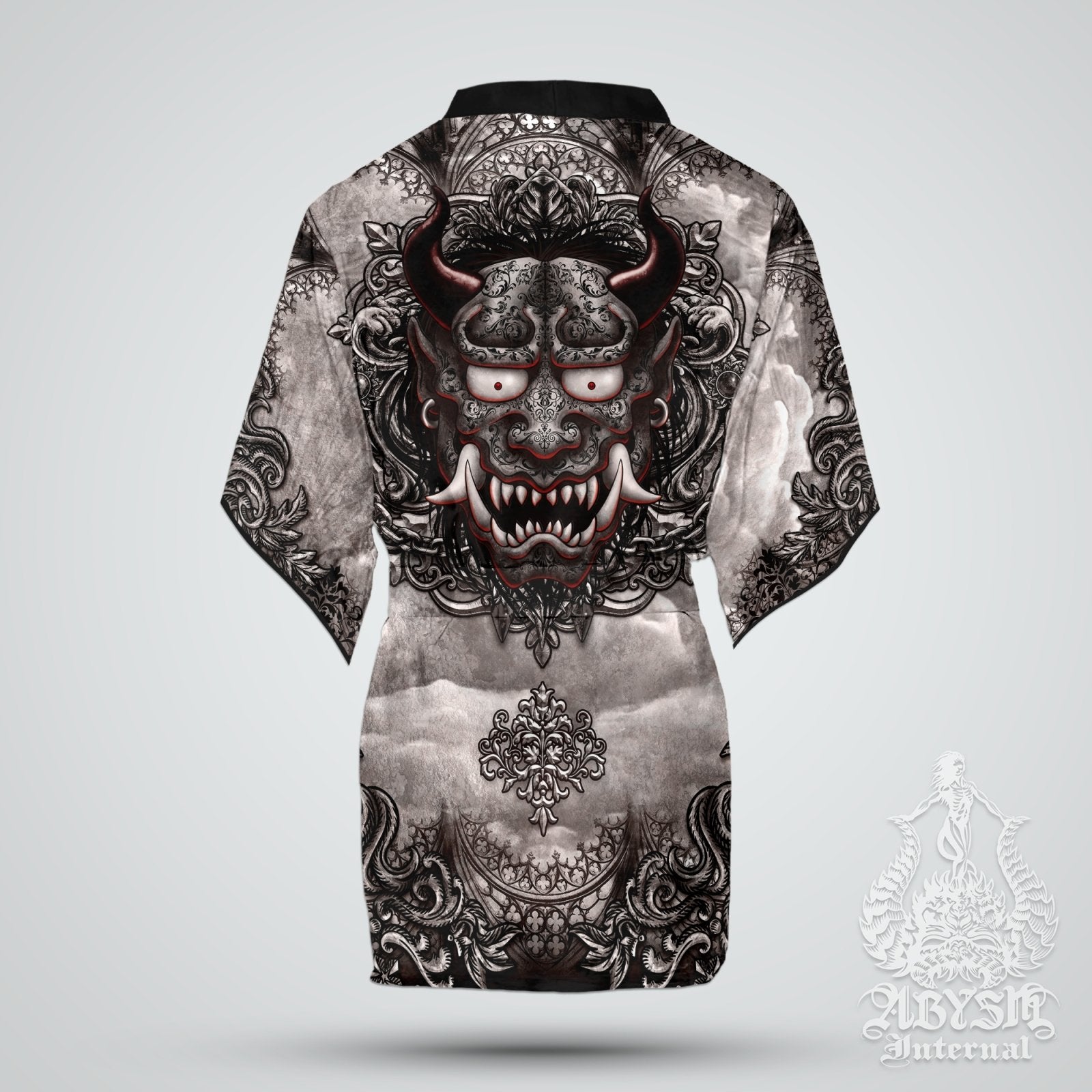Demon Cover Up, Beach Outfit, Oni Party Kimono, Japanese Summer Festival Robe, Indie and Alternative Clothing, Unisex - Gothic Grey - Abysm Internal