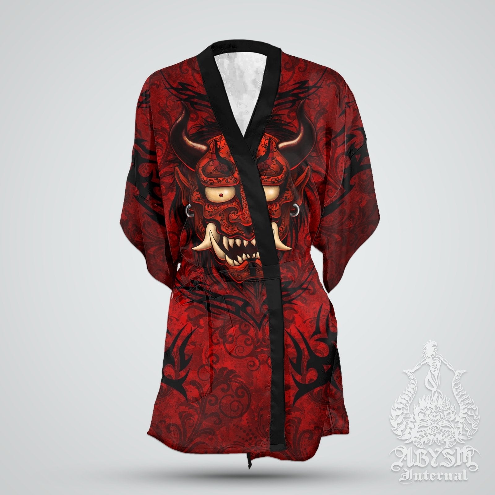 Demon Cover Up, Beach Outfit, Oni Party Kimono, Japanese Summer Festival Robe, Indie and Alternative Clothing, Unisex - Red Black Tattoo - Abysm Internal