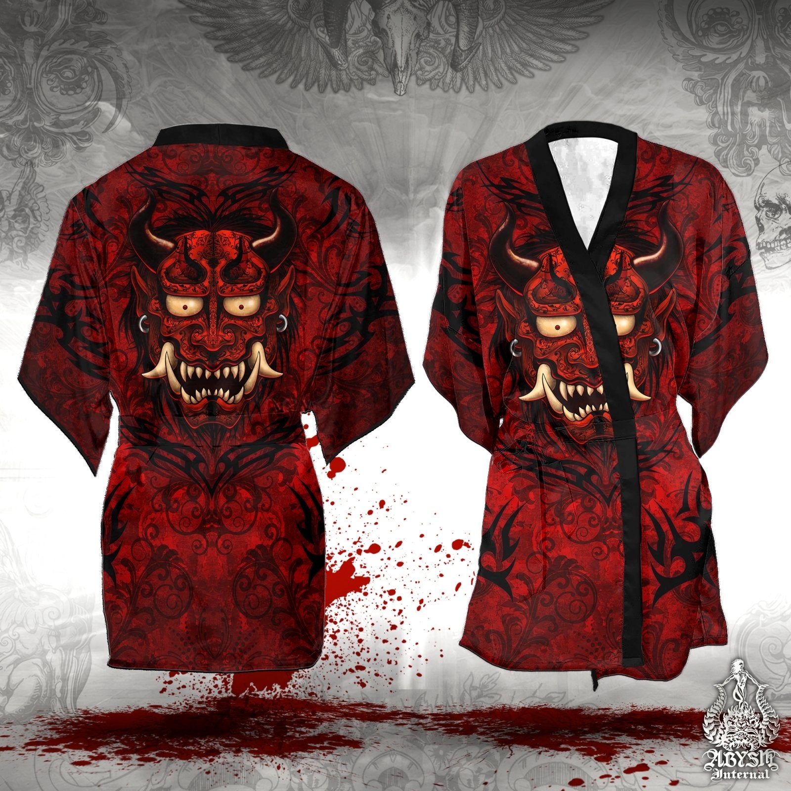 Demon Cover Up, Beach Outfit, Oni Party Kimono, Japanese Summer Festival Robe, Indie and Alternative Clothing, Unisex - Red Black Tattoo - Abysm Internal