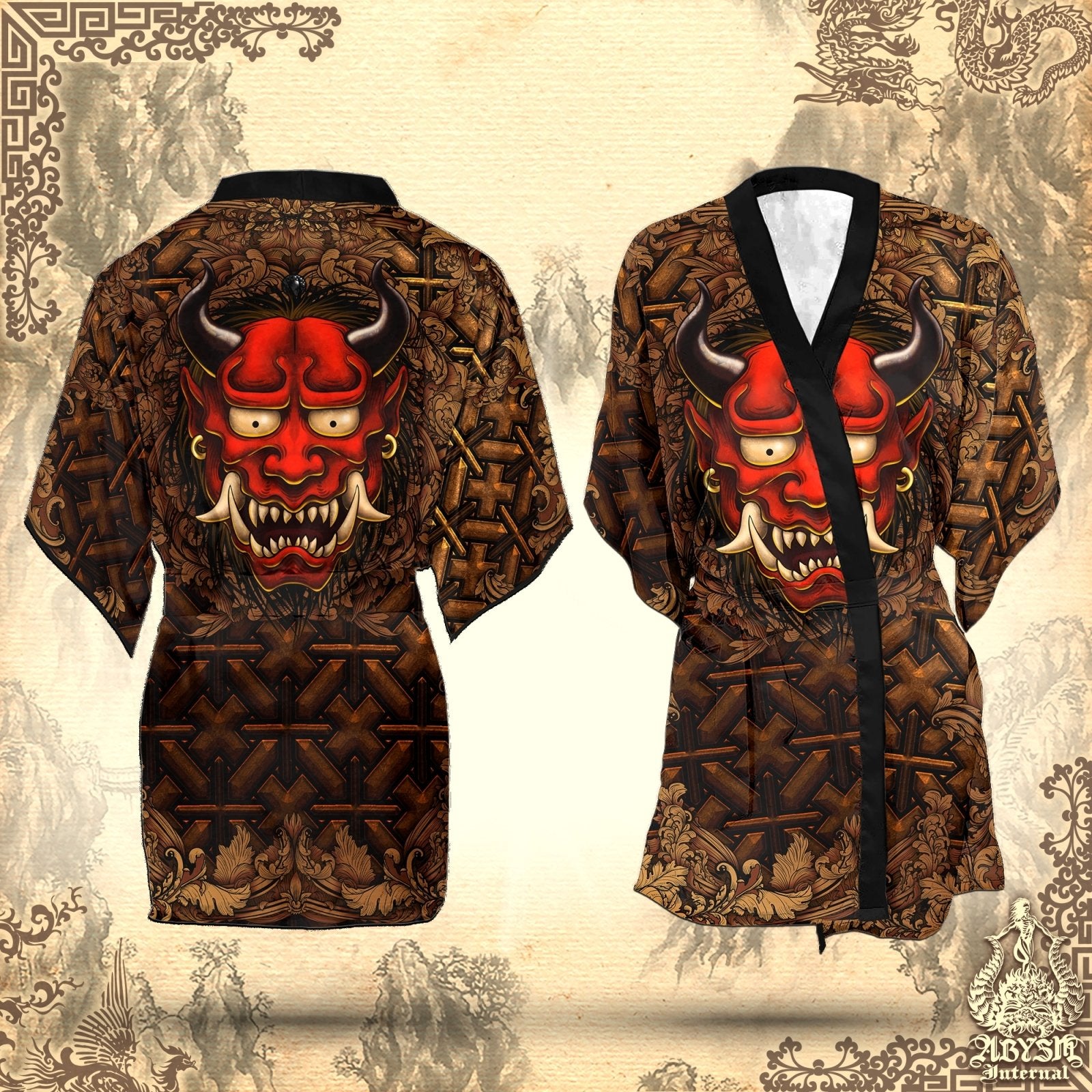 Demon Cover Up, Beach Outfit, Oni Party Kimono, Japanese Summer Festival Robe, Indie and Alternative Clothing, Unisex - Red - Abysm Internal