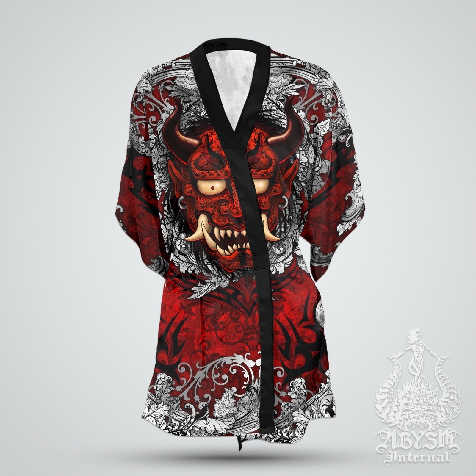 Demon Cover Up, Beach Outfit, Oni Party Kimono, Japanese Summer Festival Robe, Indie and Alternative Clothing, Unisex - Silver Red - Abysm Internal