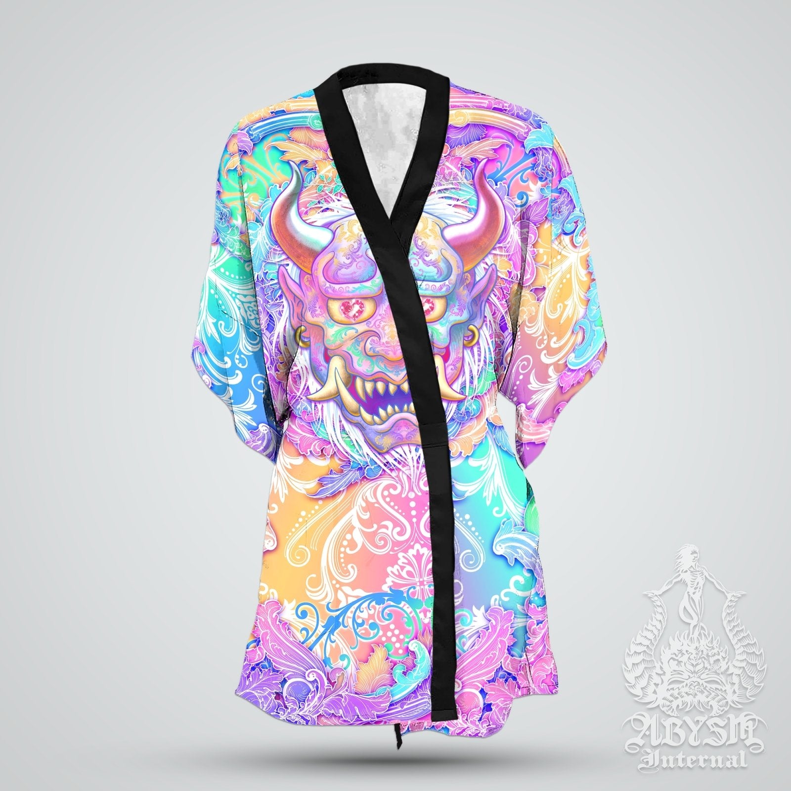 Demon Cover Up, Beach Rave Outfit, Oni Party Kimono, Japanese Summer Festival Robe, Aesthetic Indie and Alternative Clothing, Unisex - Holographic Pastel - Abysm Internal