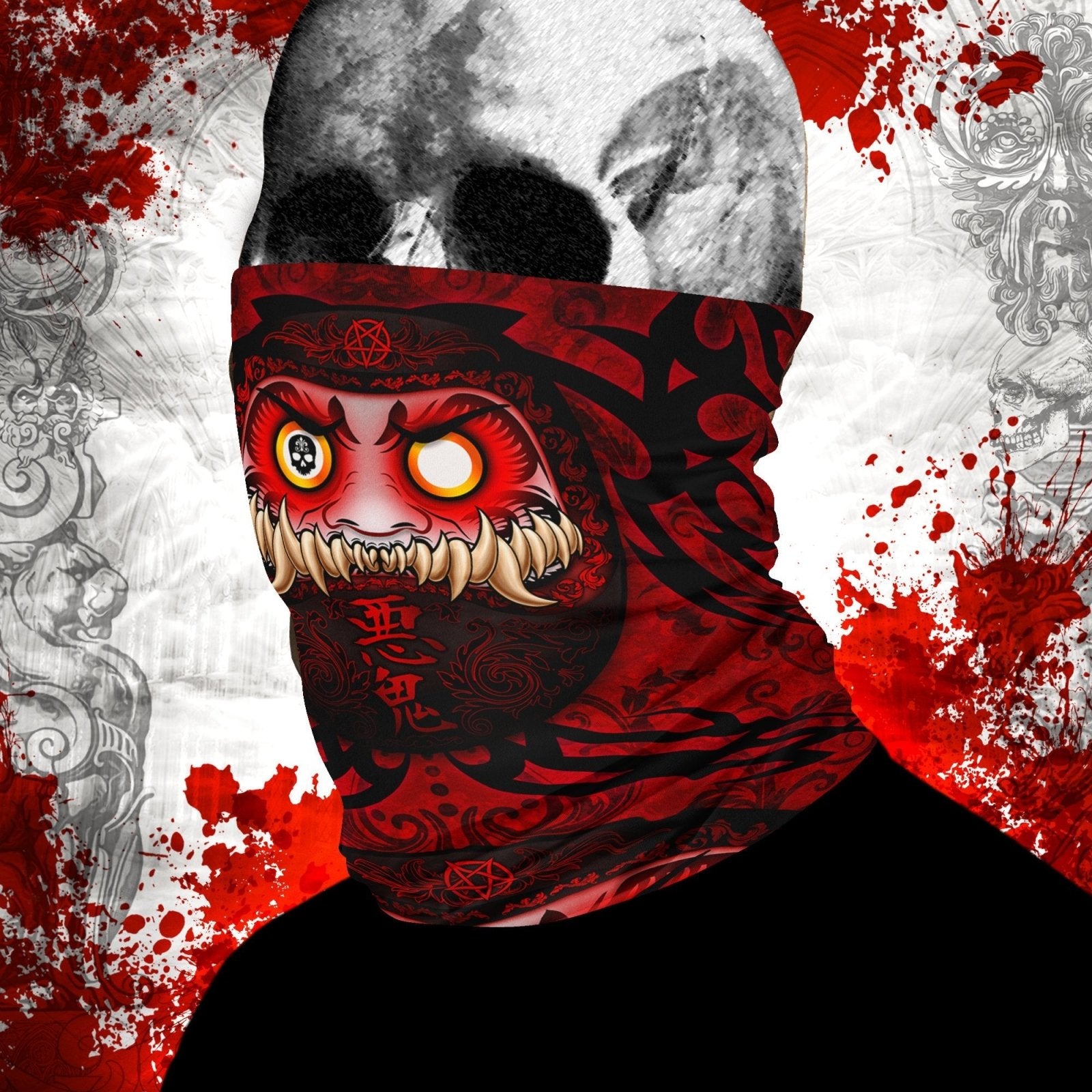 Demon Daruma Neck Gaiter, Face Mask, Head Covering, Funny Anime Style Outfit - Japanese Monster - Abysm Internal