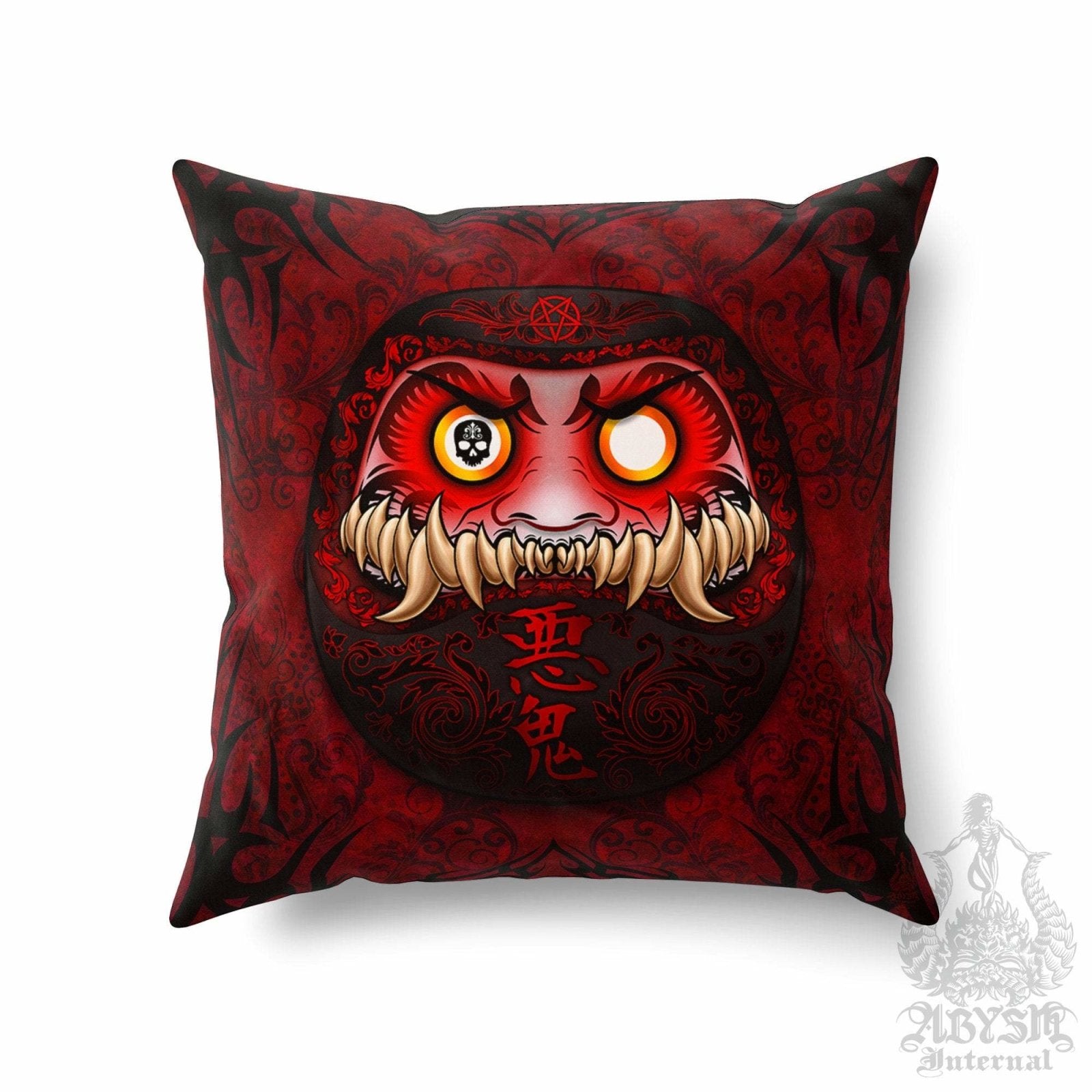 Demon Daruma Throw Pillow, Decorative Accent Cushion, Japanese Art, Alternative Home - Monster - Abysm Internal