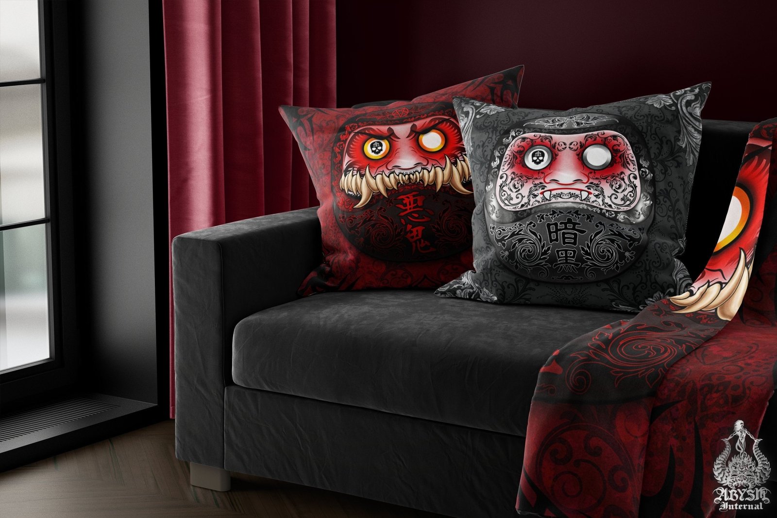 Demon Daruma Throw Pillow, Decorative Accent Cushion, Japanese Art, Alternative Home - Monster - Abysm Internal
