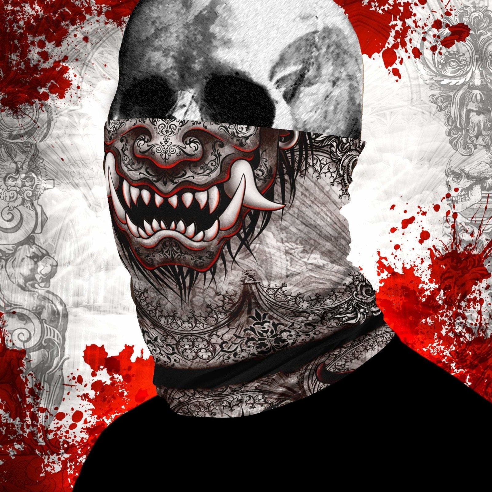 Demon Neck Gaiter, Face Mask, Head Covering, Japanese Oni, Goth, Fangs, Horns Headband - Gargoyle, Gothic Grey - Abysm Internal