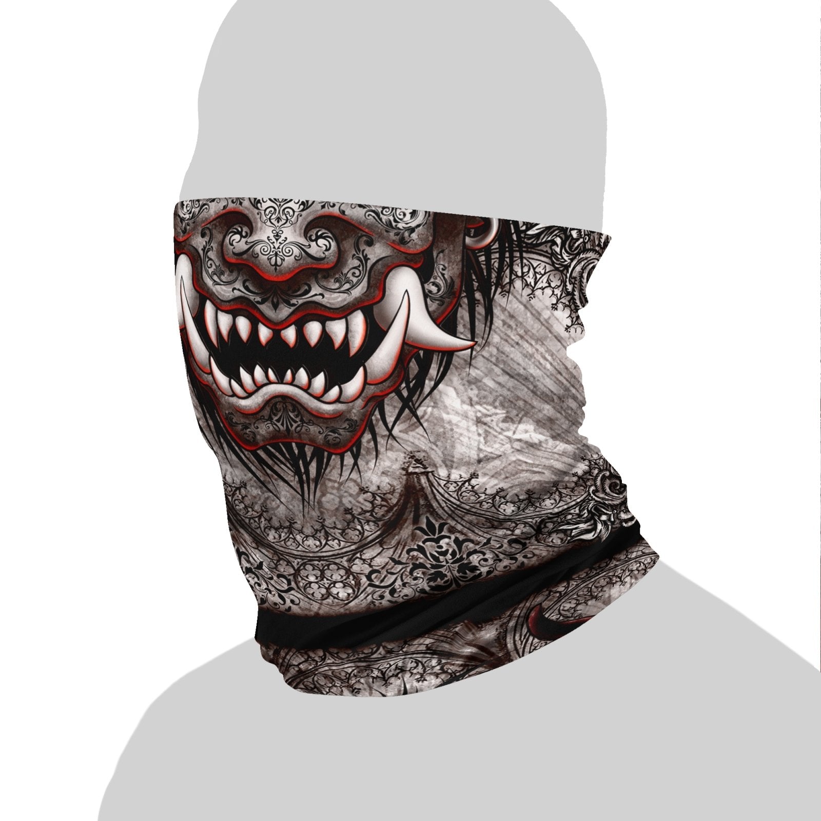 Demon Neck Gaiter, Face Mask, Head Covering, Japanese Oni, Goth, Fangs, Horns Headband - Gargoyle, Gothic Grey - Abysm Internal