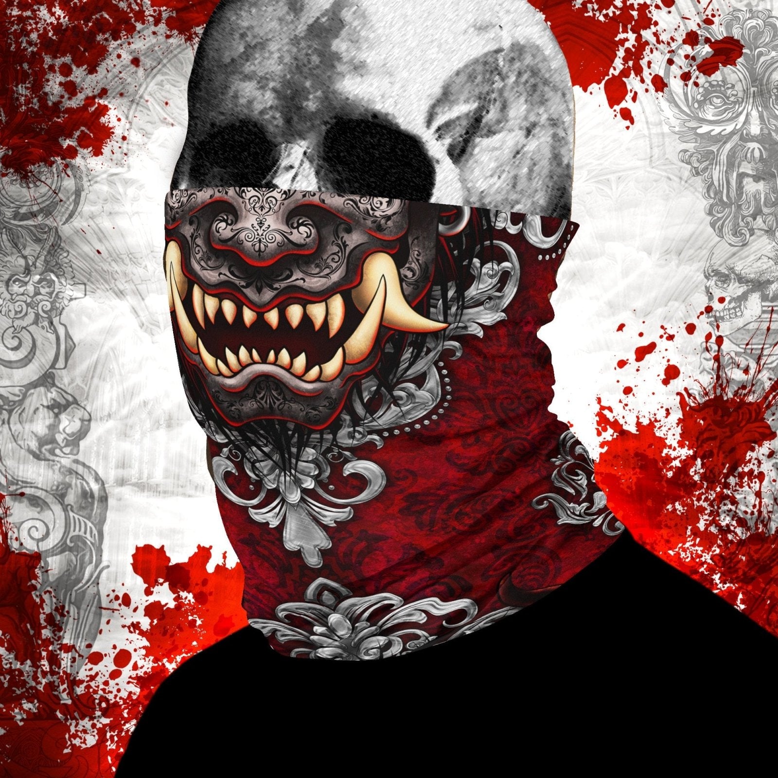 Demon Neck Gaiter, Face Mask, Head Covering, Japanese Oni, Gothic, Fangs, Horns Headband - Goth - Abysm Internal