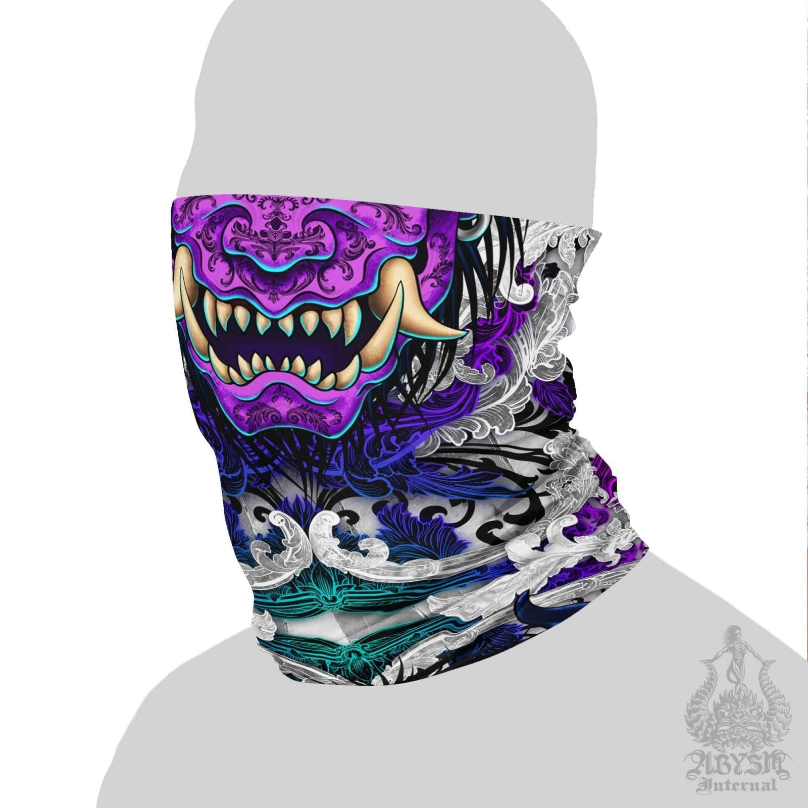 Demon Neck Gaiter, Face Mask, Head Covering, Japanese Oni, Gothic, Fangs, Horns Headband - White & Pastel Goth - Abysm Internal