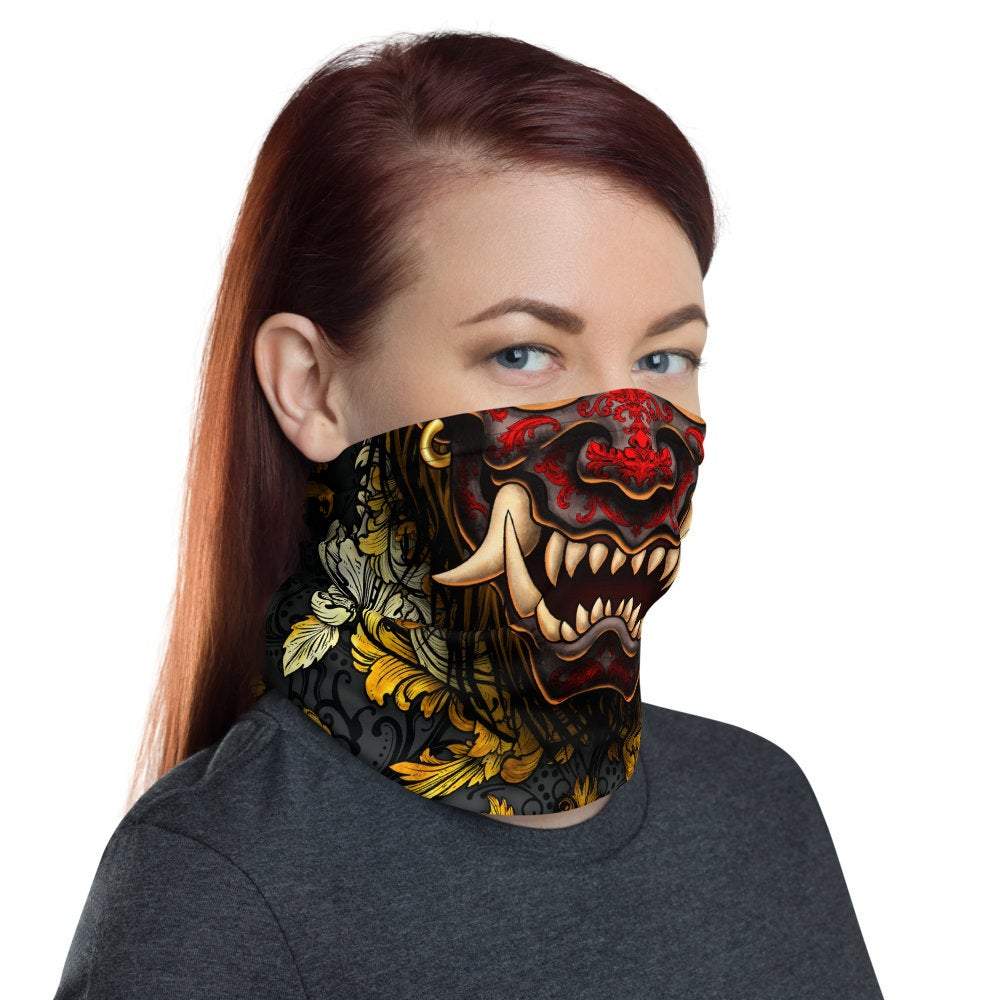 Demon Neck Gaiter, Face Mask, Head Covering, Japanese Oni, Street Outfit, Fangs, Horns Headband - Gold - Abysm Internal