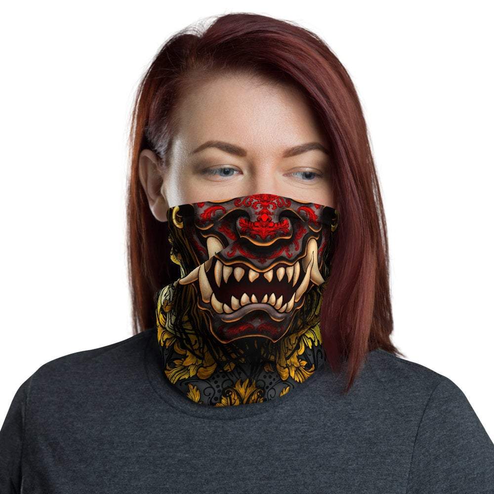 Demon Neck Gaiter, Face Mask, Head Covering, Japanese Oni, Street Outfit, Fangs, Horns Headband - Gold - Abysm Internal
